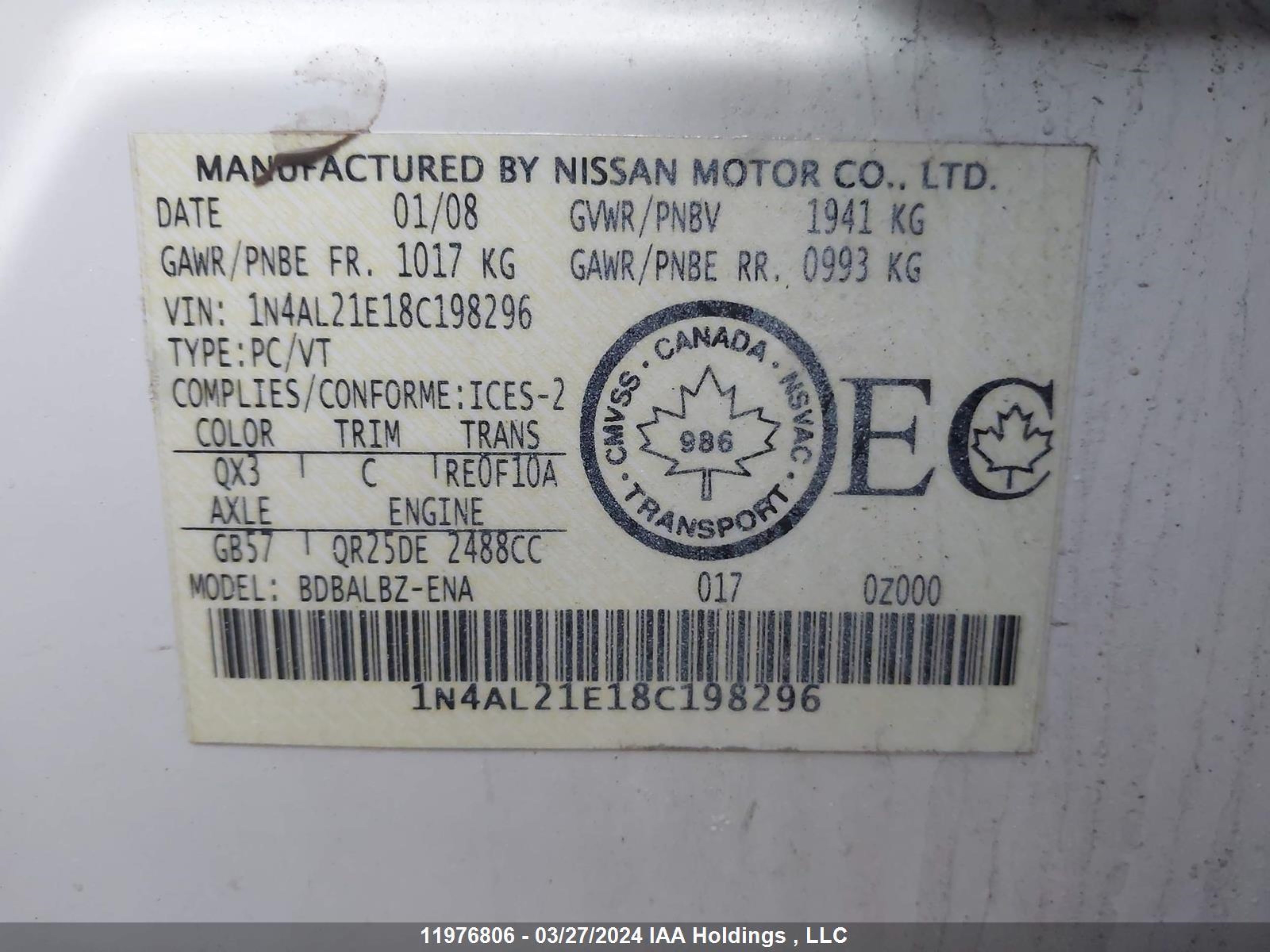 Photo 8 VIN: 1N4AL21E18C198296 - NISSAN ALTIMA 