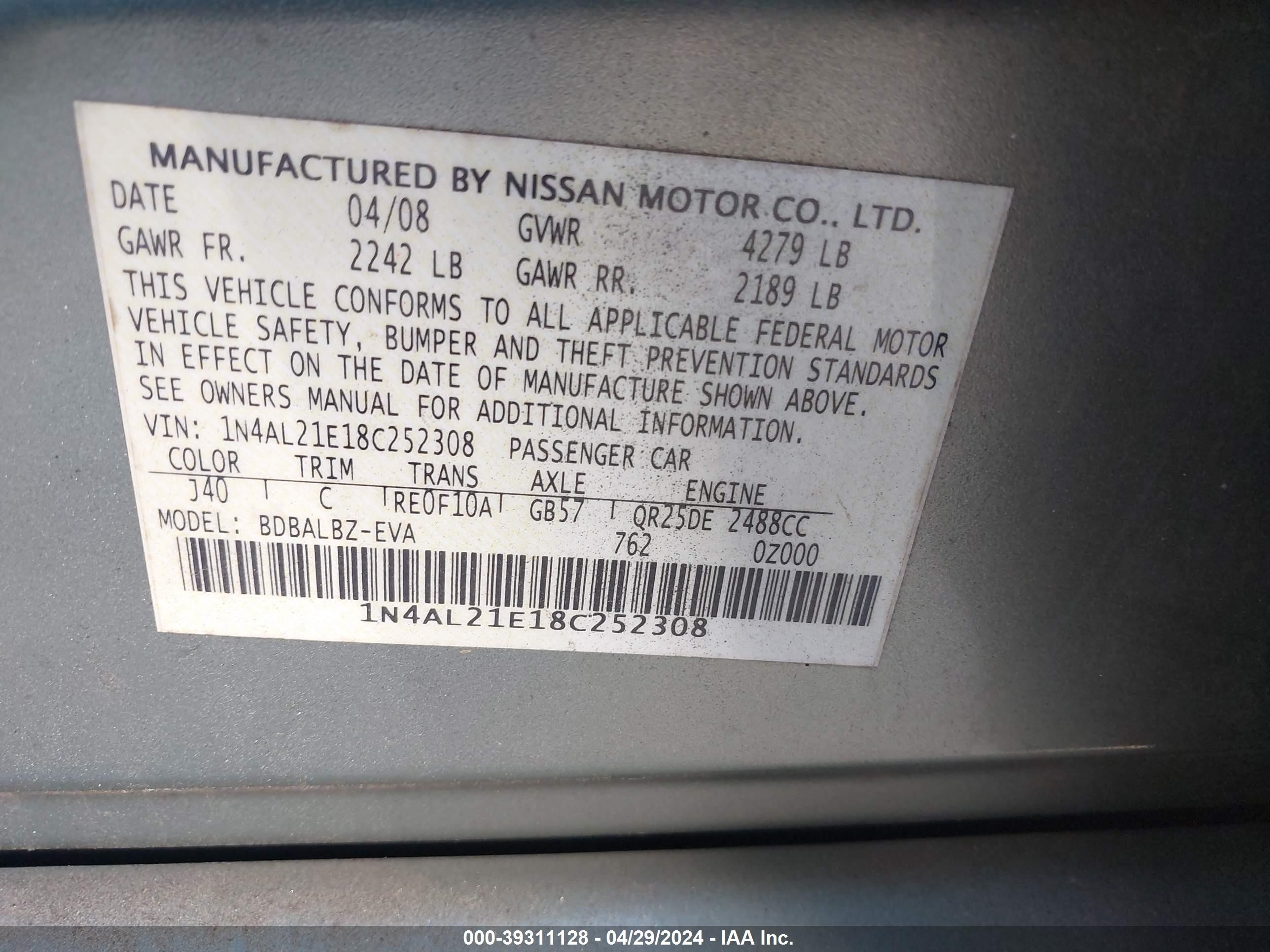 Photo 8 VIN: 1N4AL21E18C252308 - NISSAN ALTIMA 