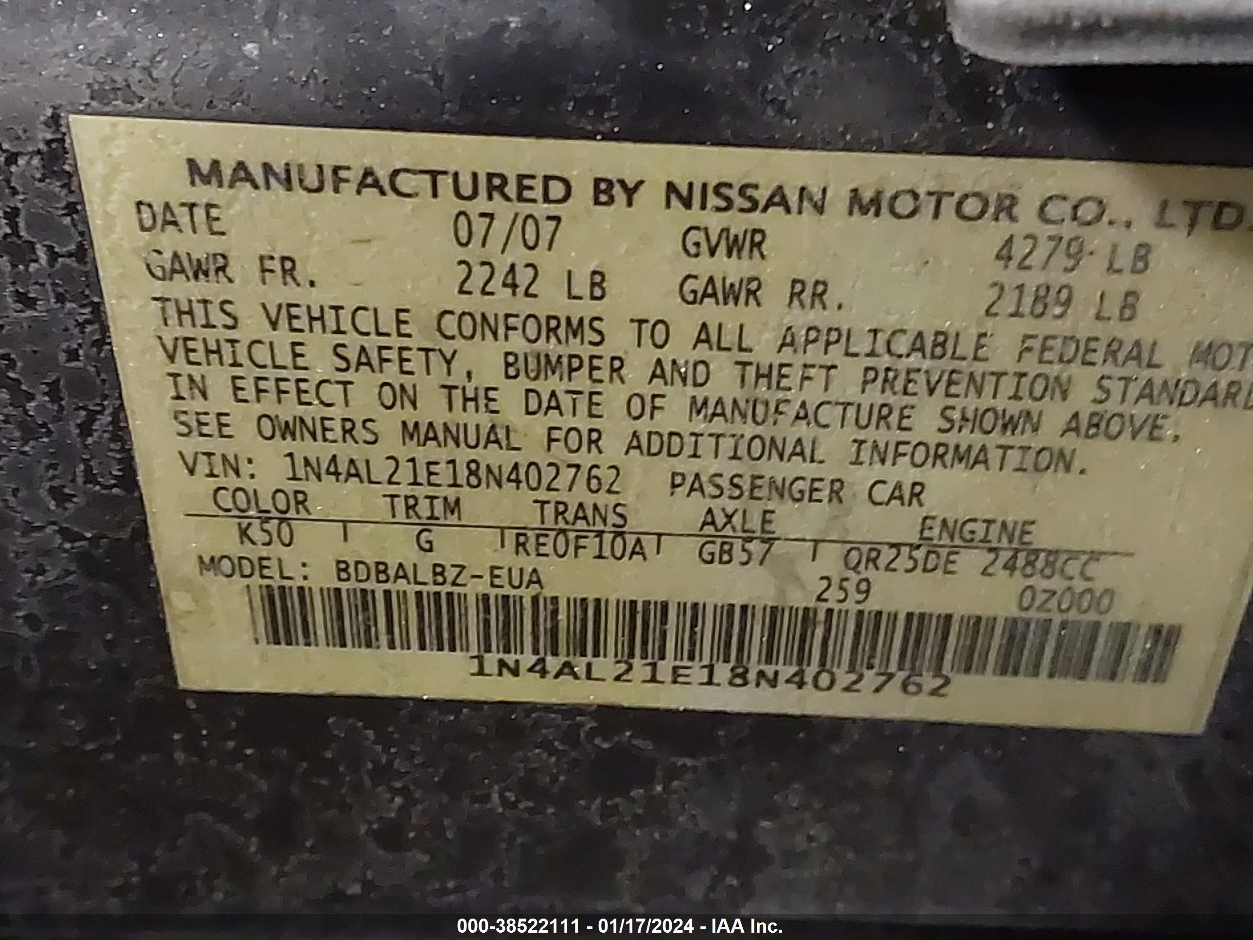 Photo 8 VIN: 1N4AL21E18N402762 - NISSAN ALTIMA 