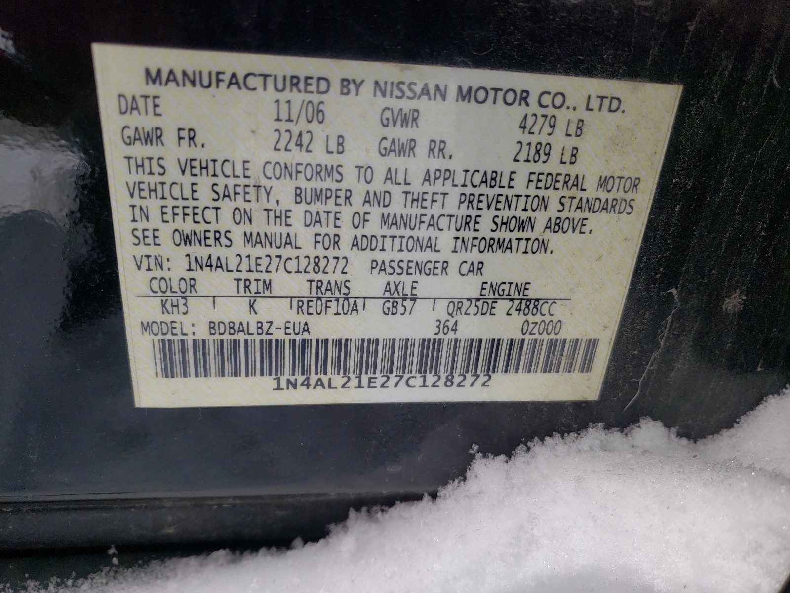 Photo 9 VIN: 1N4AL21E27C128272 - NISSAN ALTIMA 2.5 