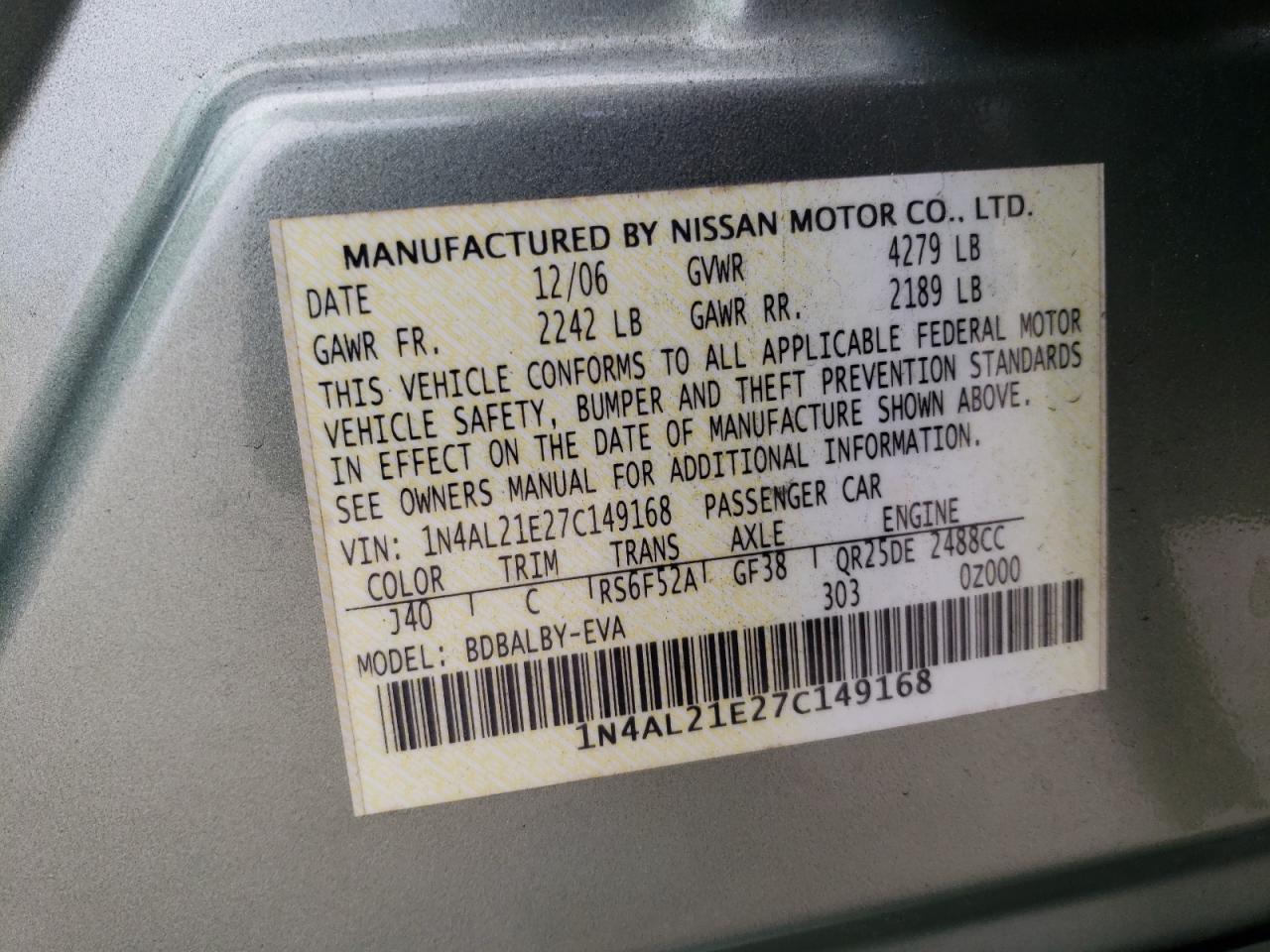 Photo 12 VIN: 1N4AL21E27C149168 - NISSAN ALTIMA 