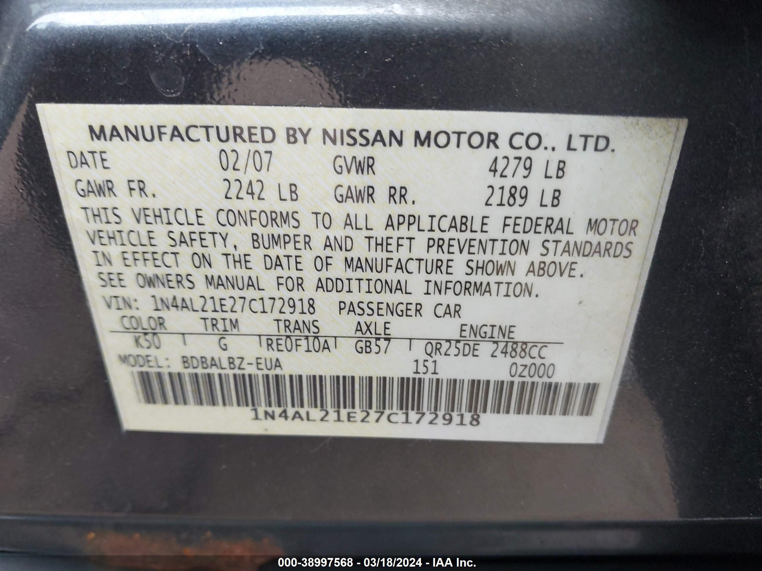 Photo 8 VIN: 1N4AL21E27C172918 - NISSAN ALTIMA 