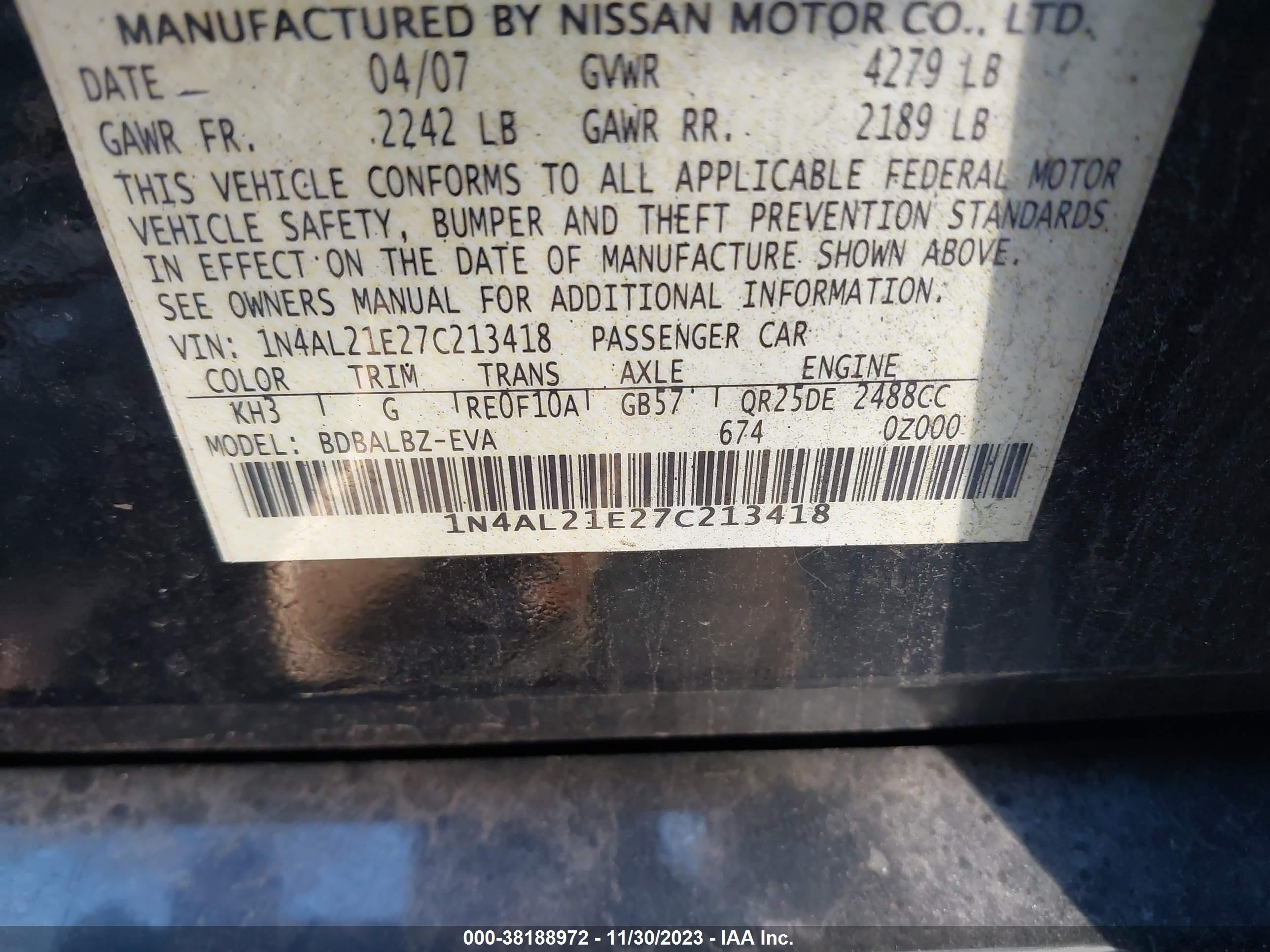 Photo 8 VIN: 1N4AL21E27C213418 - NISSAN ALTIMA 