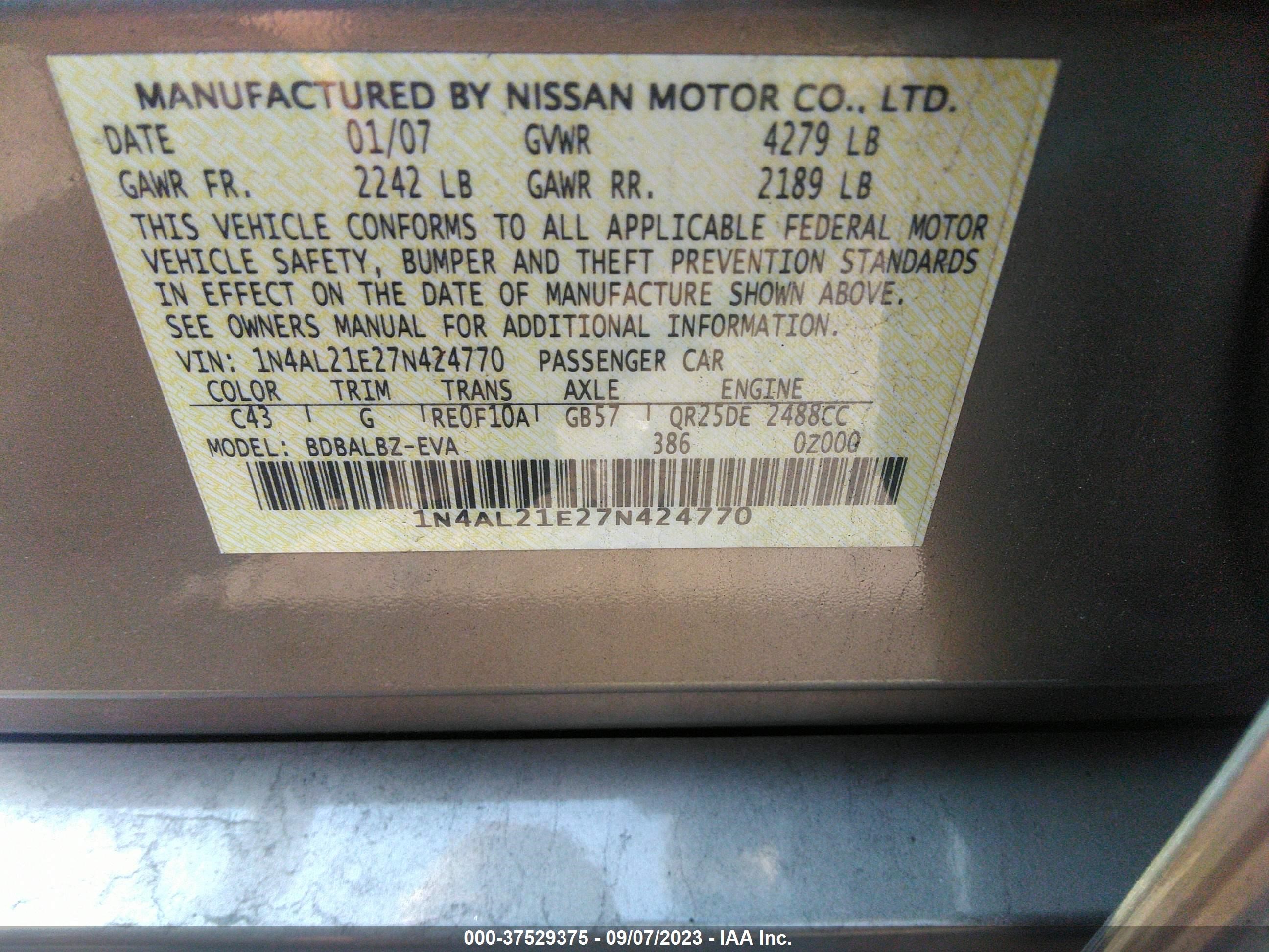 Photo 8 VIN: 1N4AL21E27N424770 - NISSAN ALTIMA 