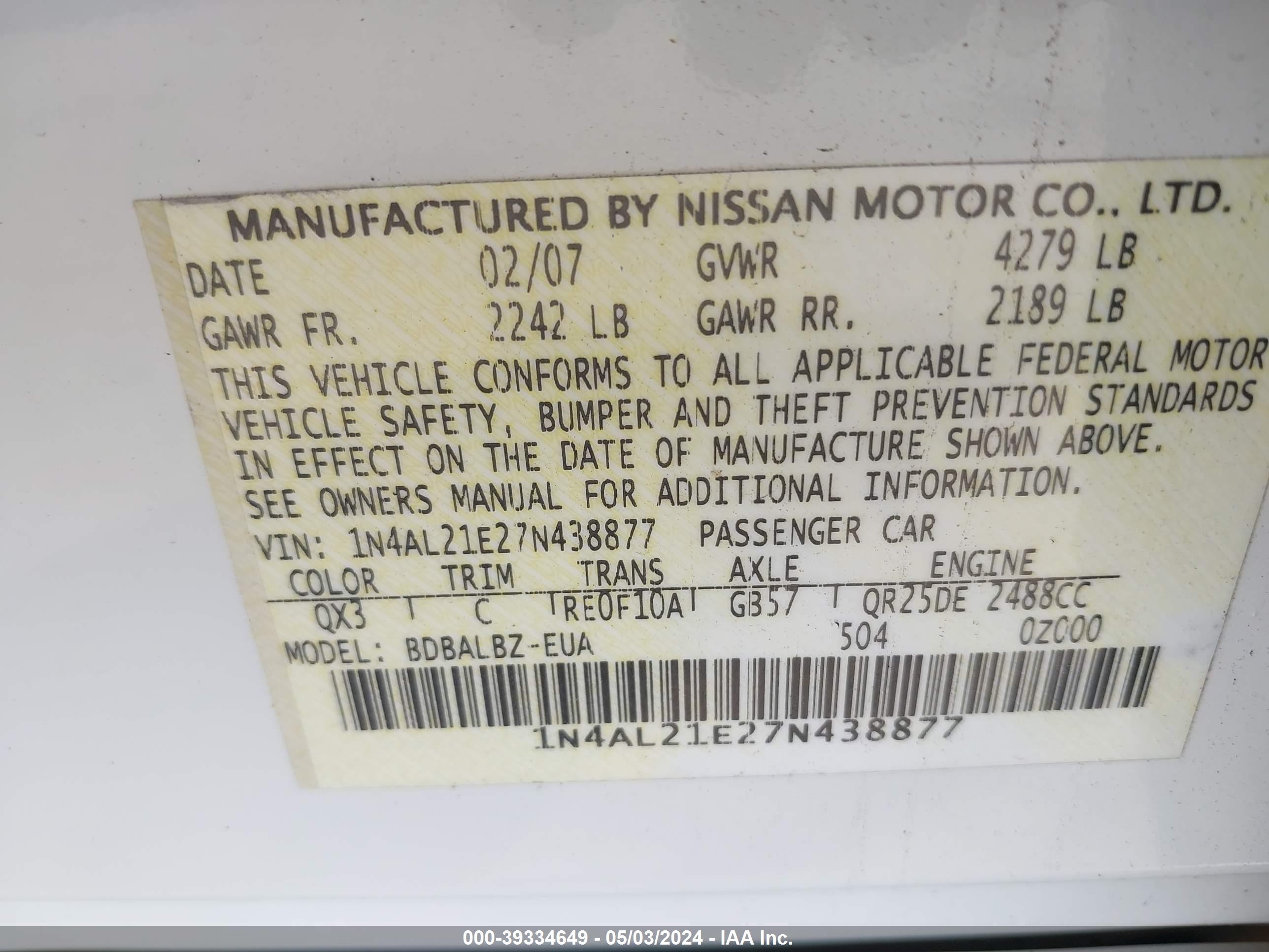 Photo 8 VIN: 1N4AL21E27N438877 - NISSAN ALTIMA 