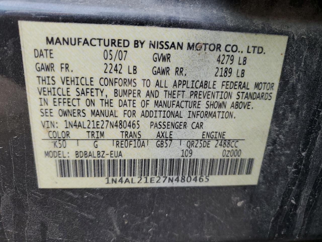 Photo 12 VIN: 1N4AL21E27N480465 - NISSAN ALTIMA 