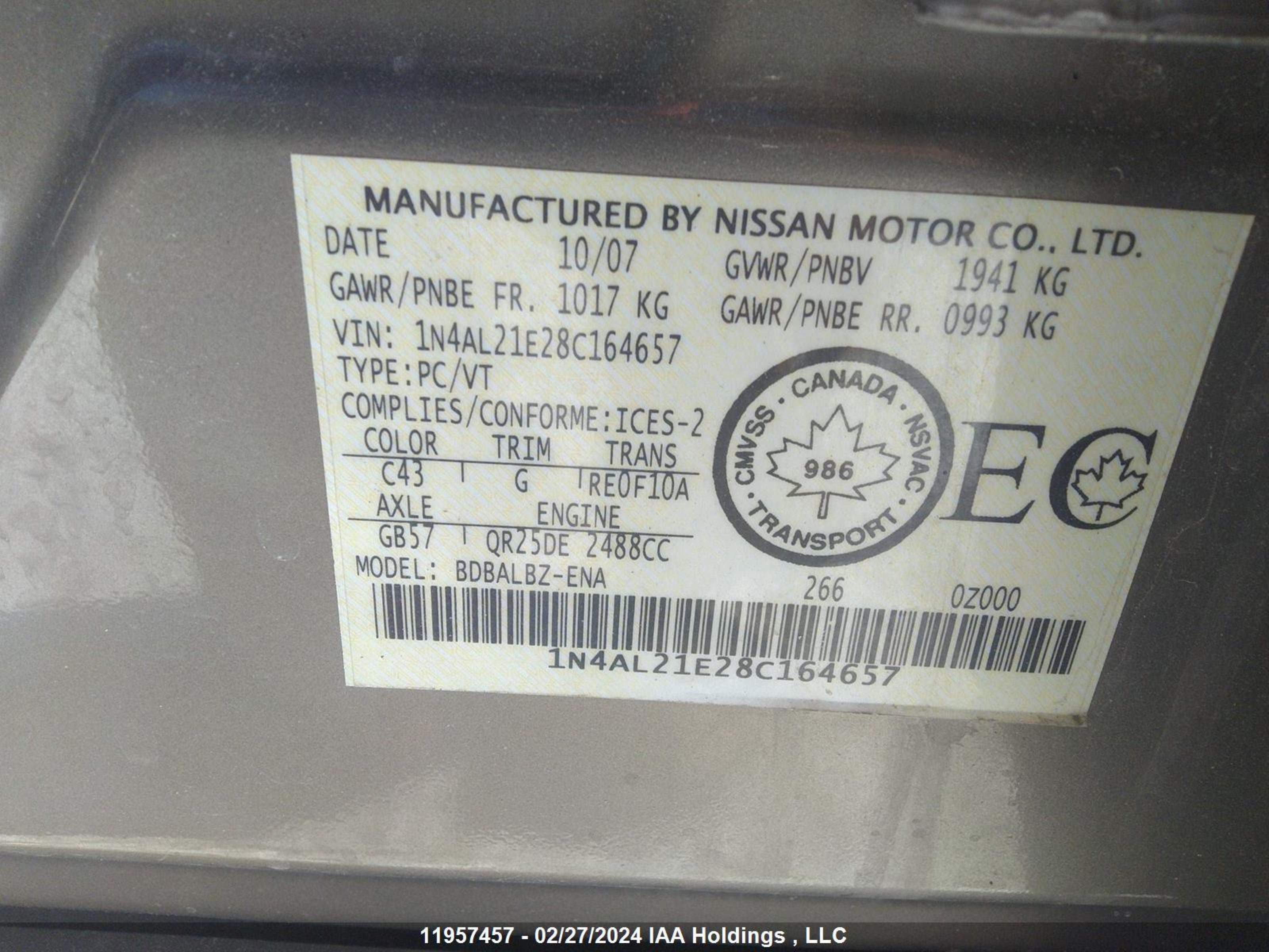 Photo 8 VIN: 1N4AL21E28C164657 - NISSAN ALTIMA 