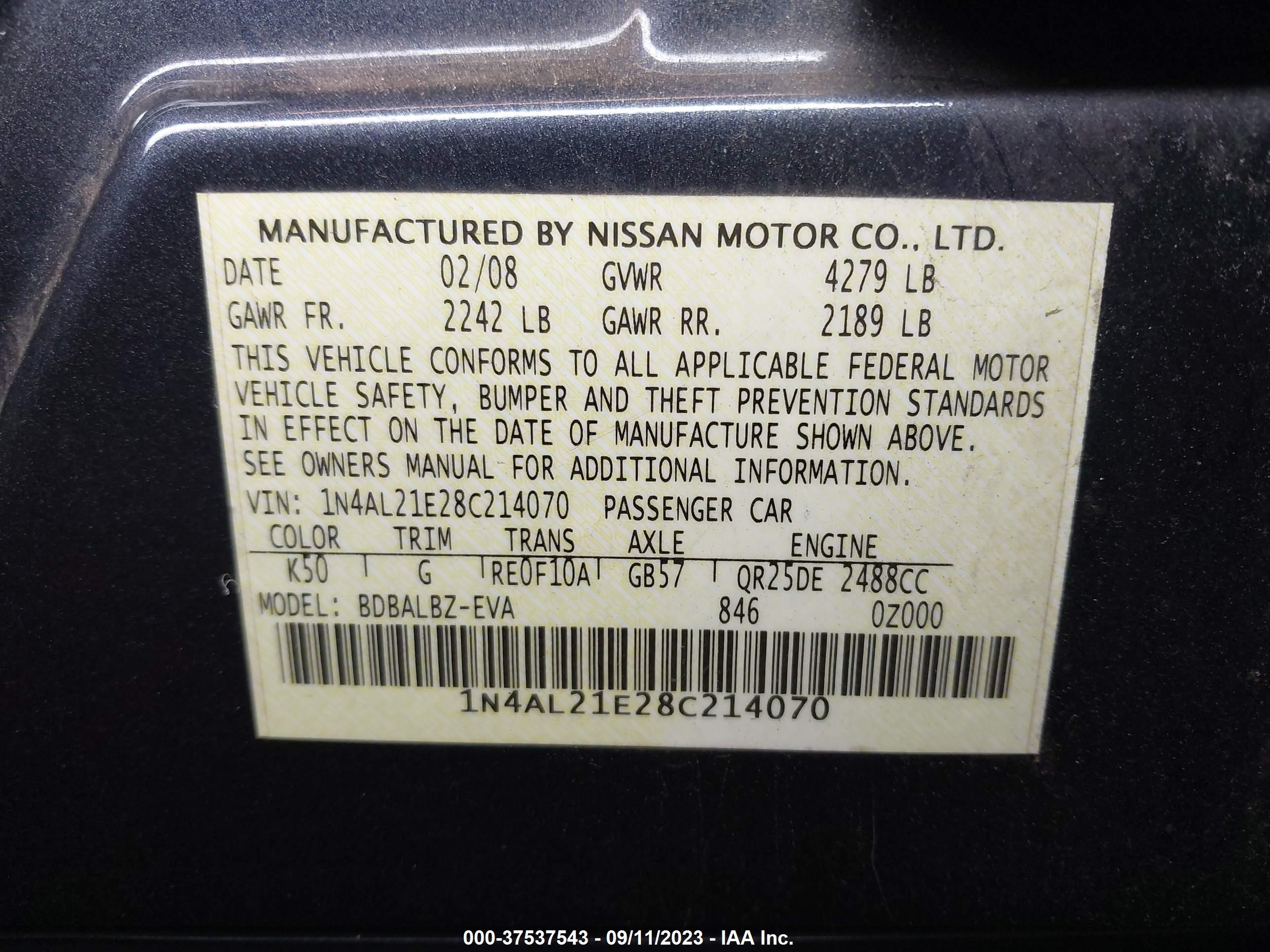 Photo 8 VIN: 1N4AL21E28C214070 - NISSAN ALTIMA 