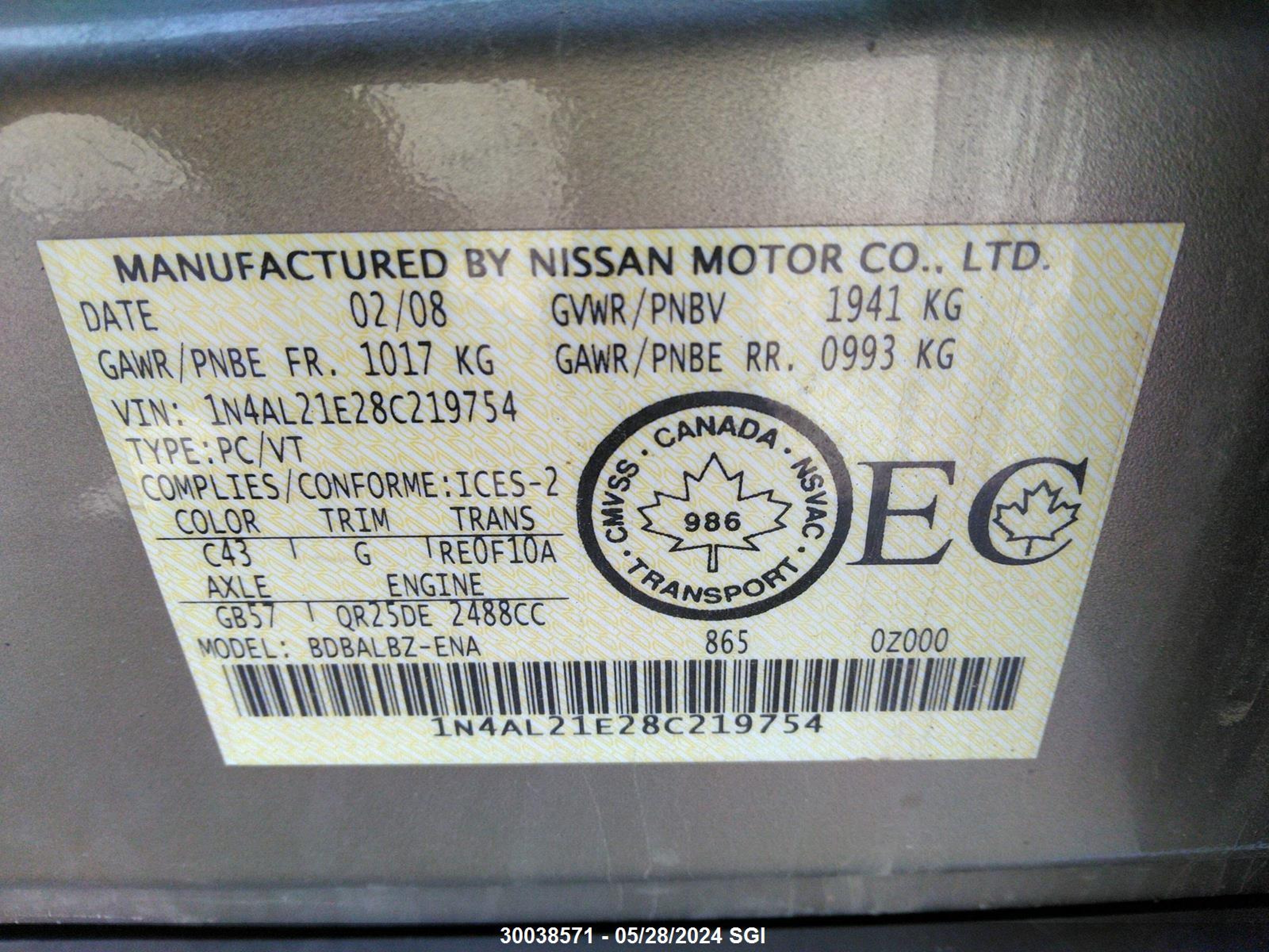 Photo 8 VIN: 1N4AL21E28C219754 - NISSAN ALTIMA 