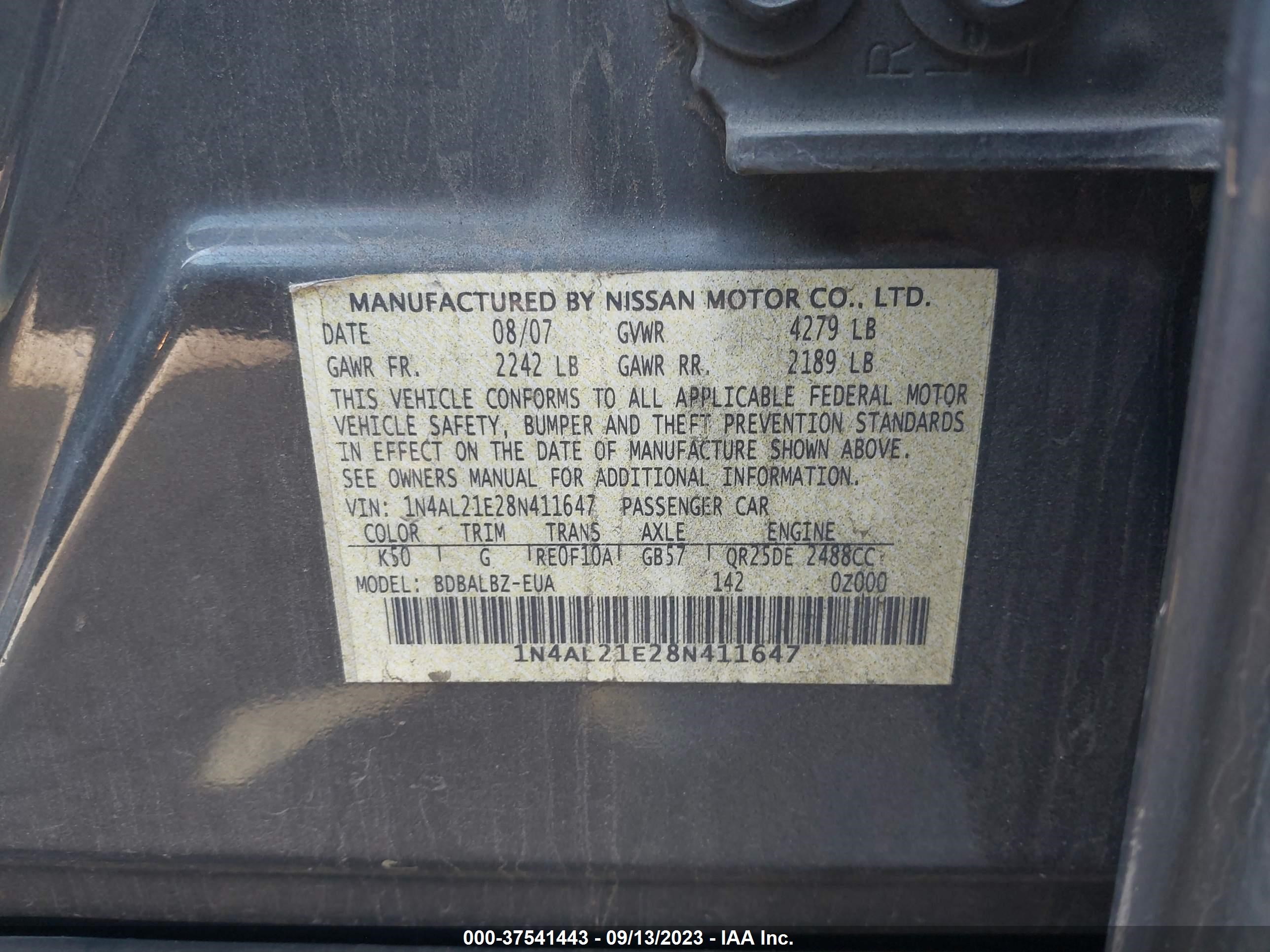 Photo 8 VIN: 1N4AL21E28N411647 - NISSAN ALTIMA 