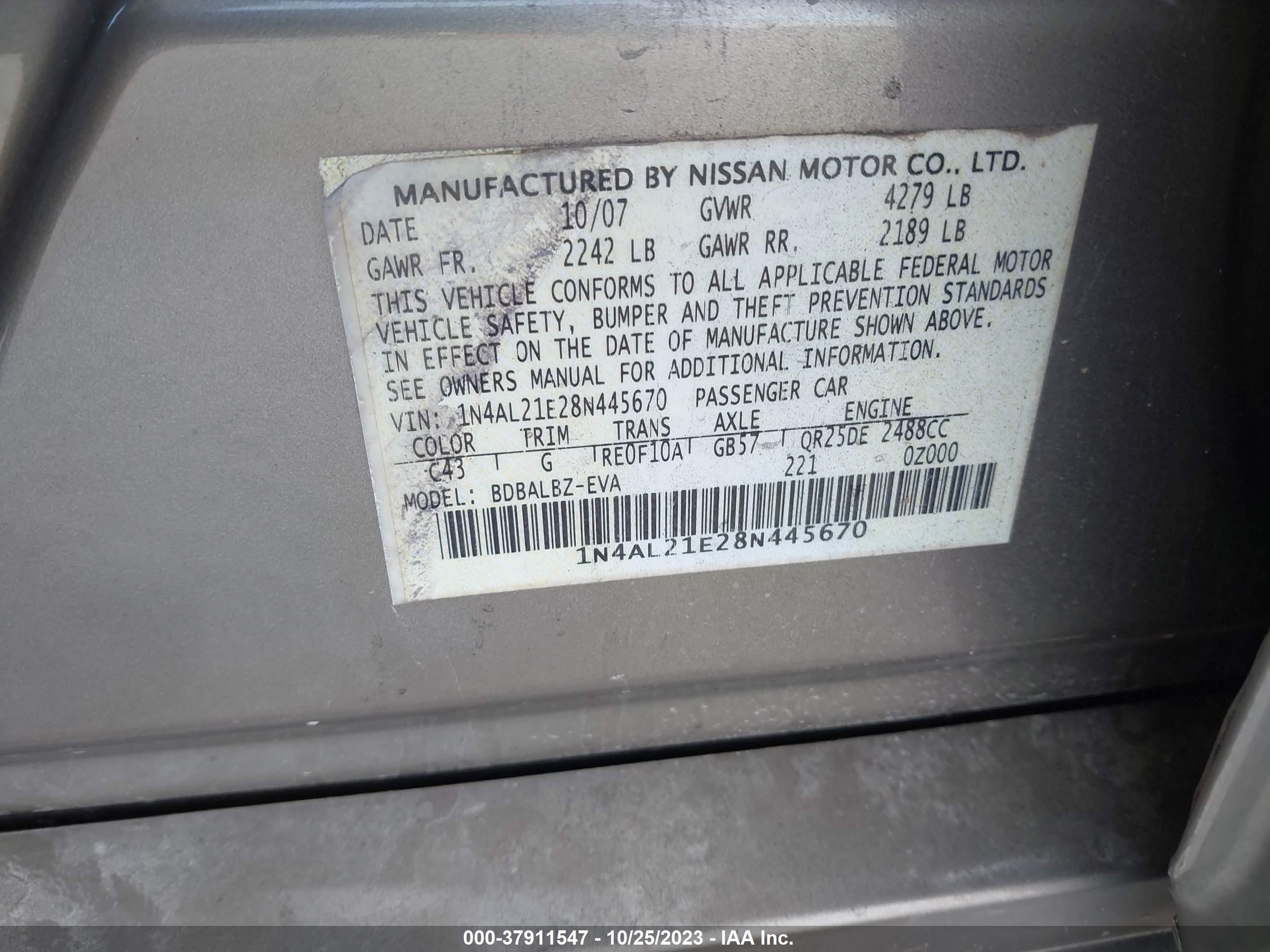 Photo 8 VIN: 1N4AL21E28N445670 - NISSAN ALTIMA 