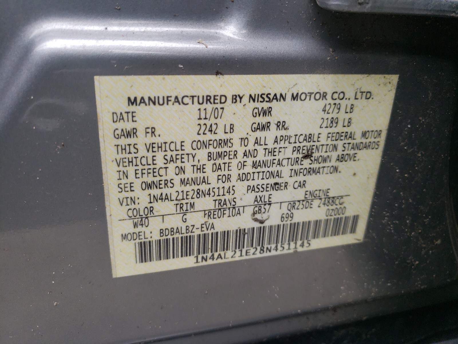 Photo 9 VIN: 1N4AL21E28N451145 - NISSAN ALTIMA 2.5 