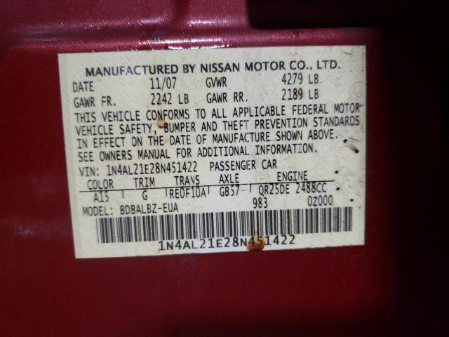 Photo 9 VIN: 1N4AL21E28N451422 - NISSAN ALTIMA 2.5 