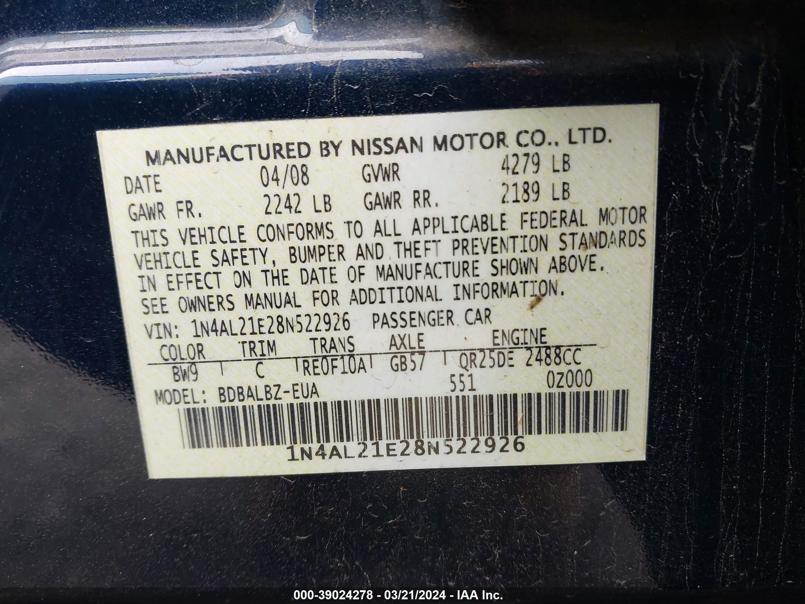 Photo 8 VIN: 1N4AL21E28N522926 - NISSAN ALTIMA 