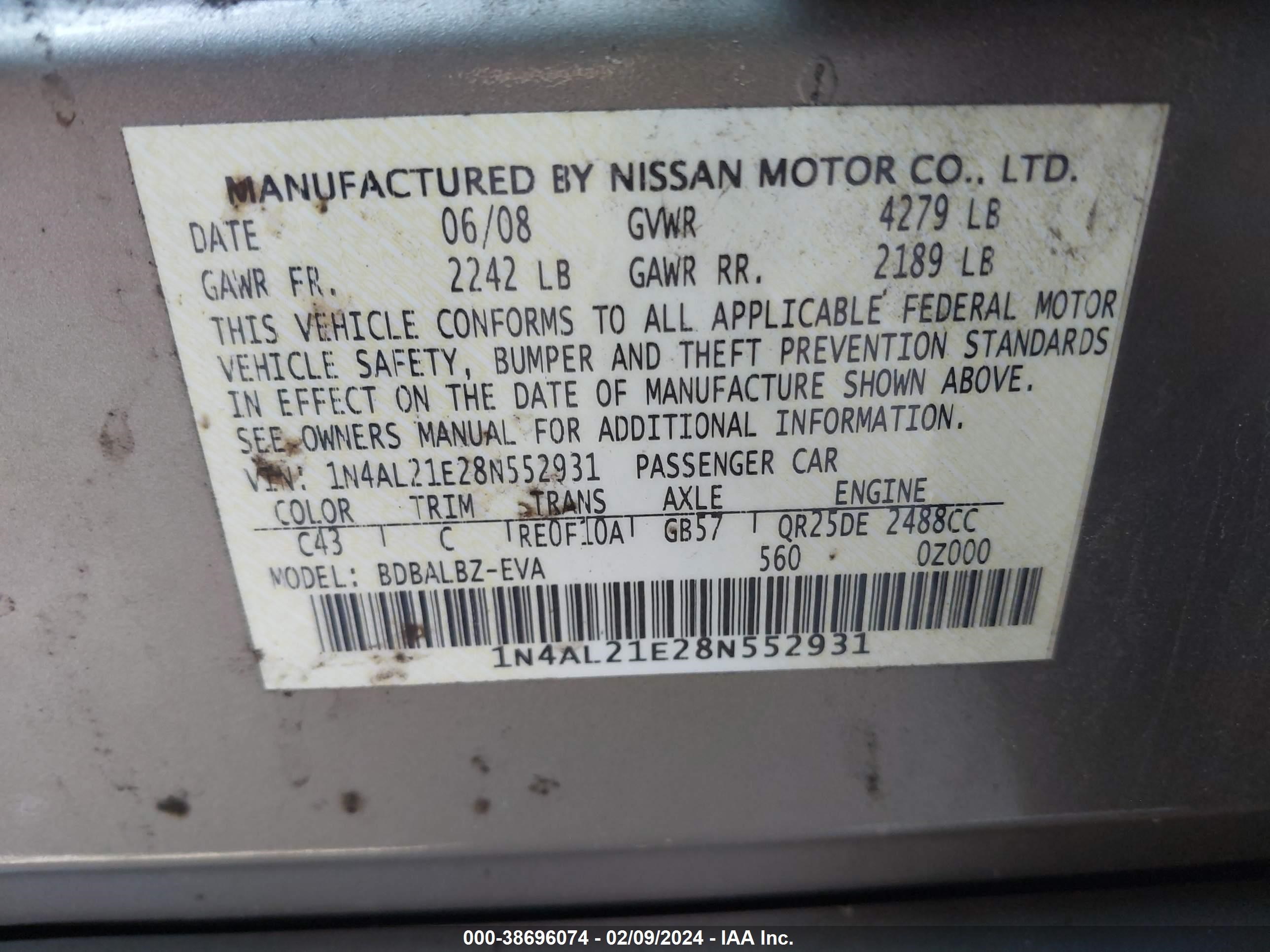 Photo 8 VIN: 1N4AL21E28N552931 - NISSAN ALTIMA 