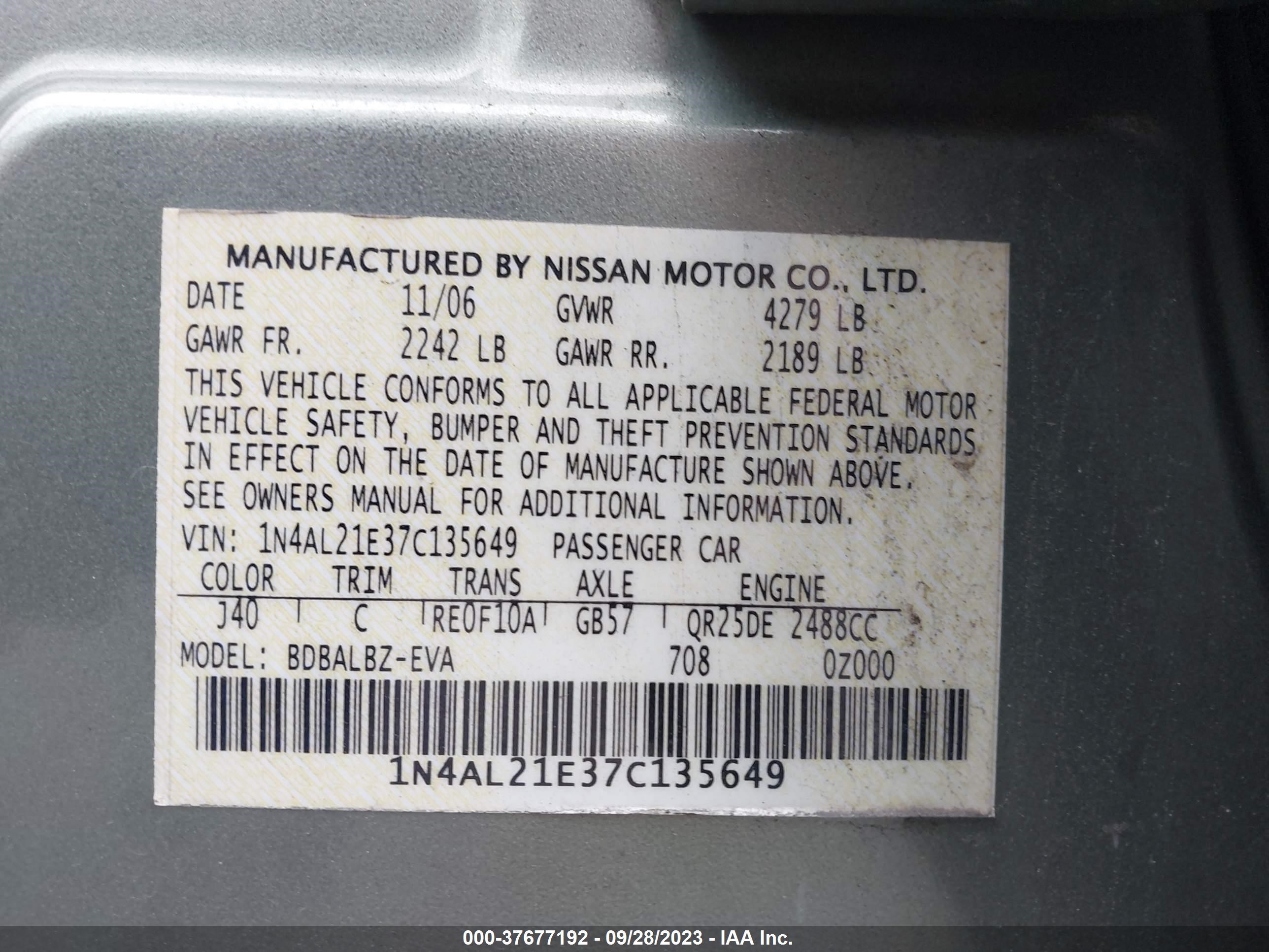 Photo 8 VIN: 1N4AL21E37C135649 - NISSAN ALTIMA 