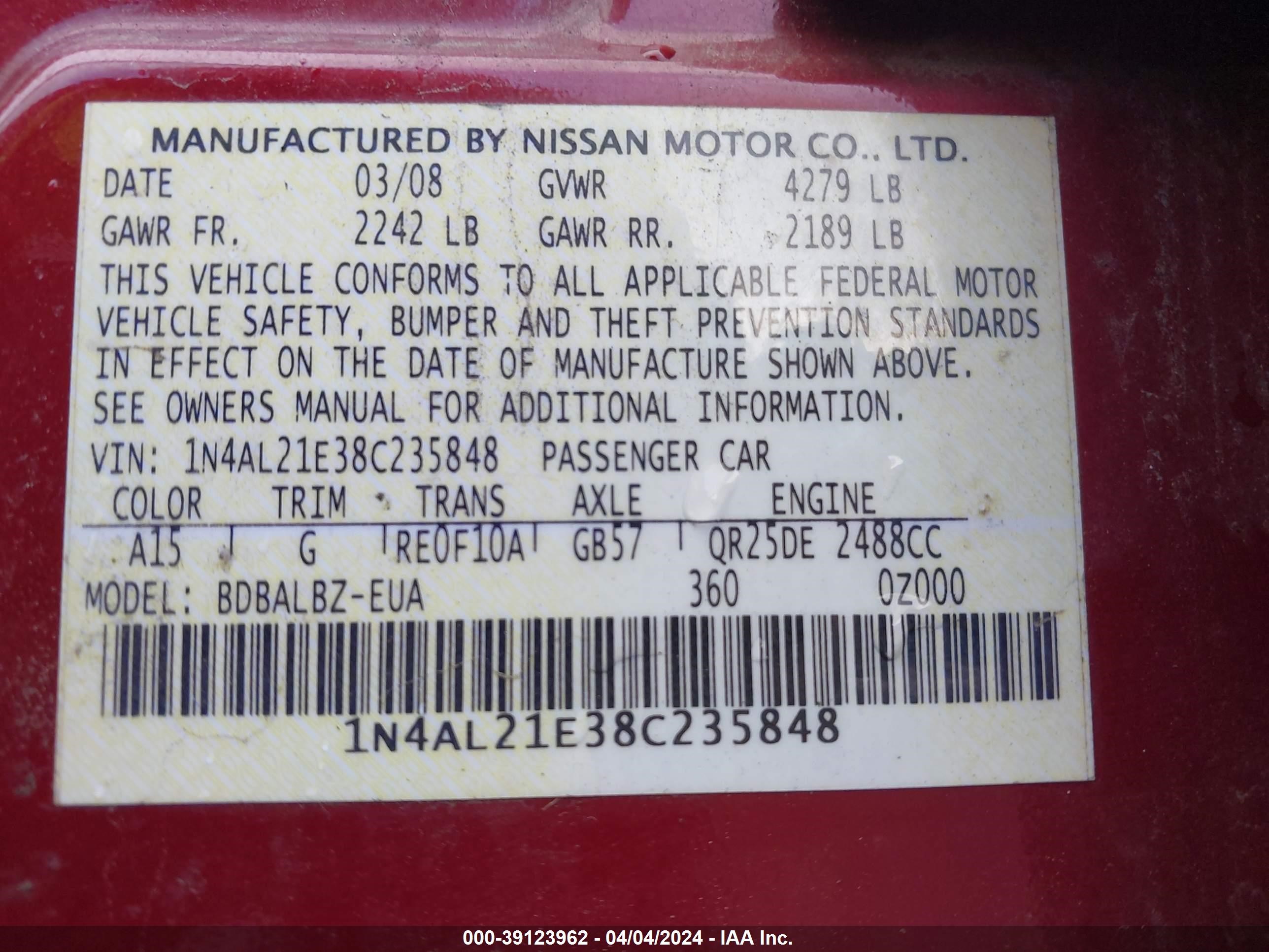 Photo 8 VIN: 1N4AL21E38C235848 - NISSAN ALTIMA 