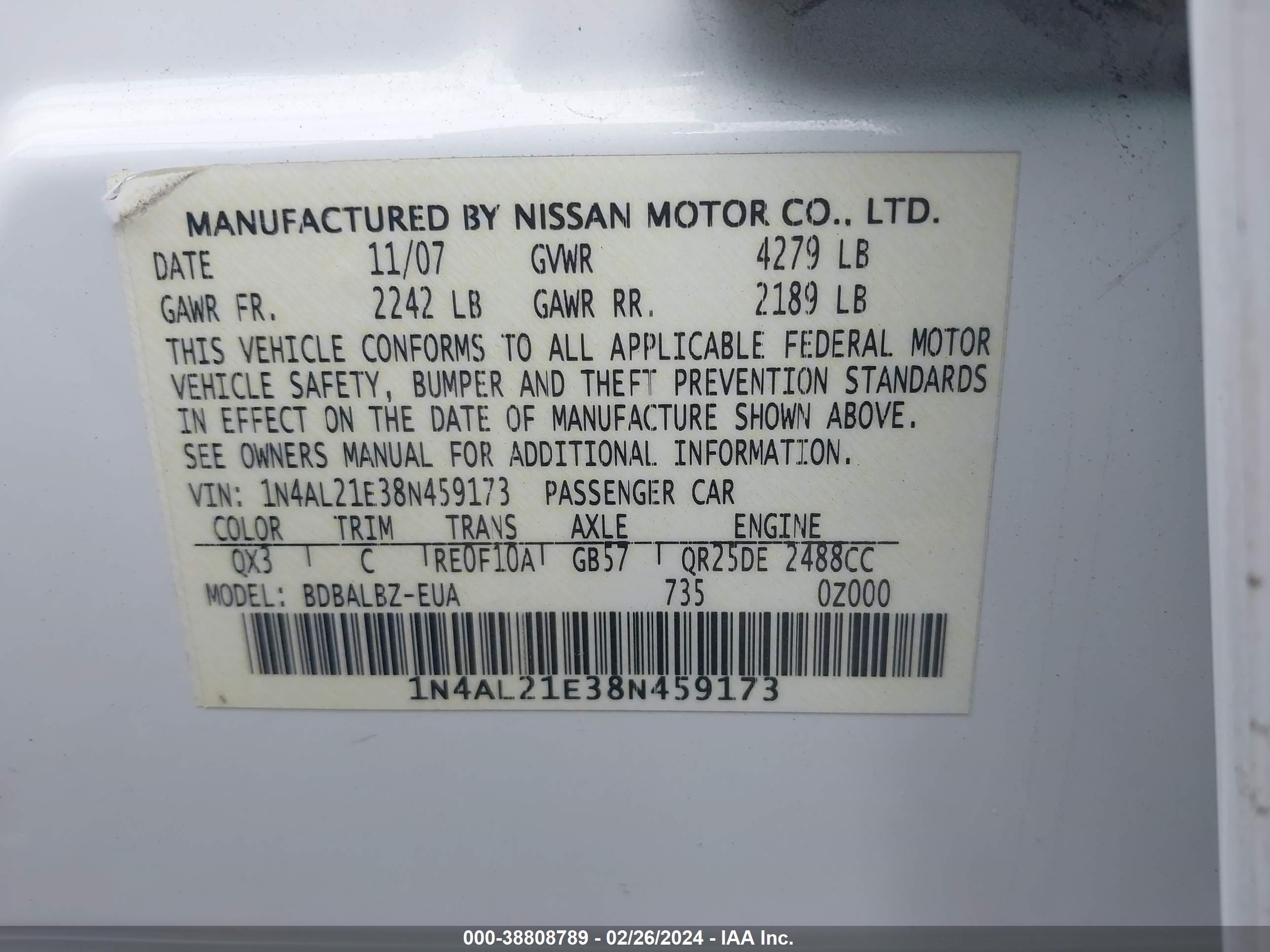 Photo 8 VIN: 1N4AL21E38N459173 - NISSAN ALTIMA 