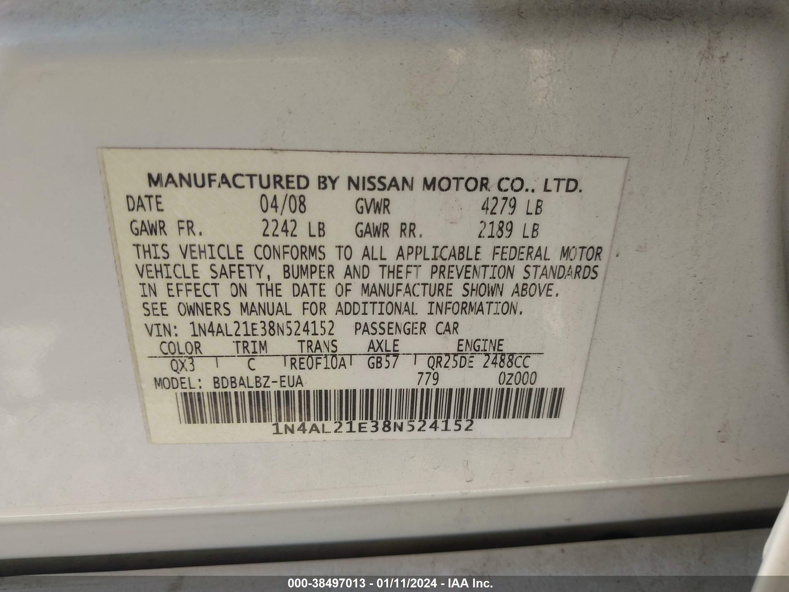 Photo 8 VIN: 1N4AL21E38N524152 - NISSAN ALTIMA 