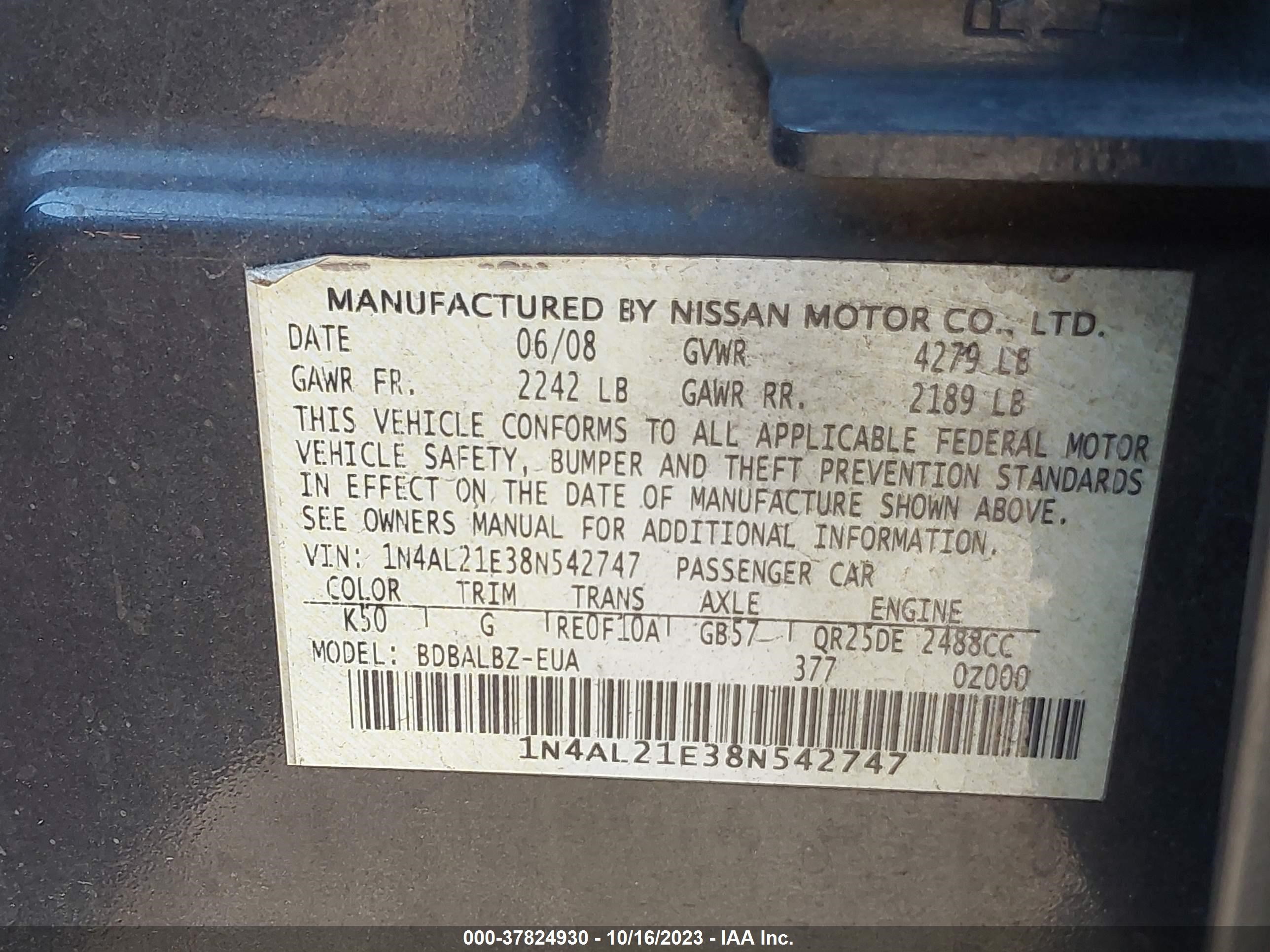 Photo 8 VIN: 1N4AL21E38N542747 - NISSAN ALTIMA 