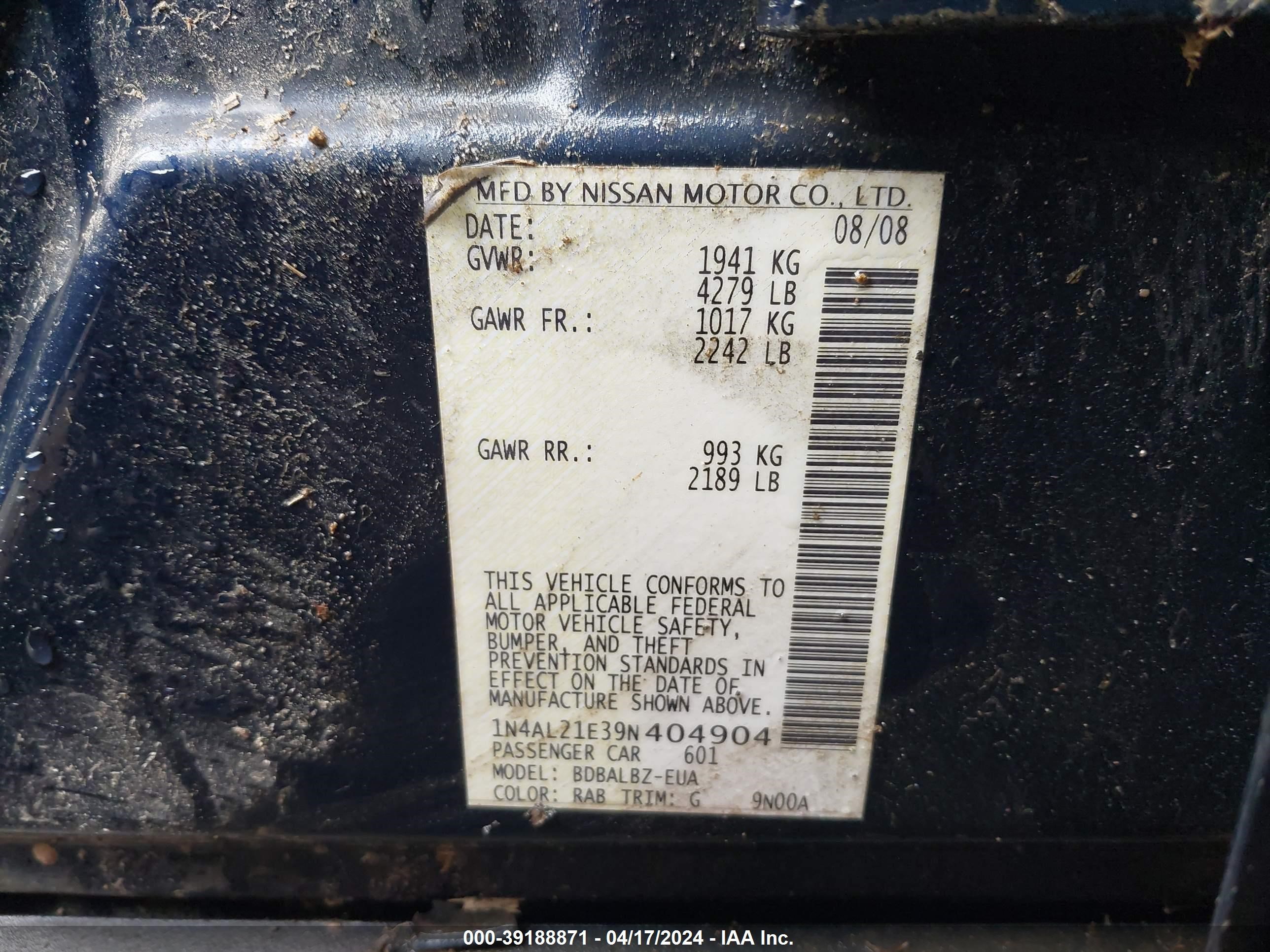 Photo 8 VIN: 1N4AL21E39N404904 - NISSAN ALTIMA 