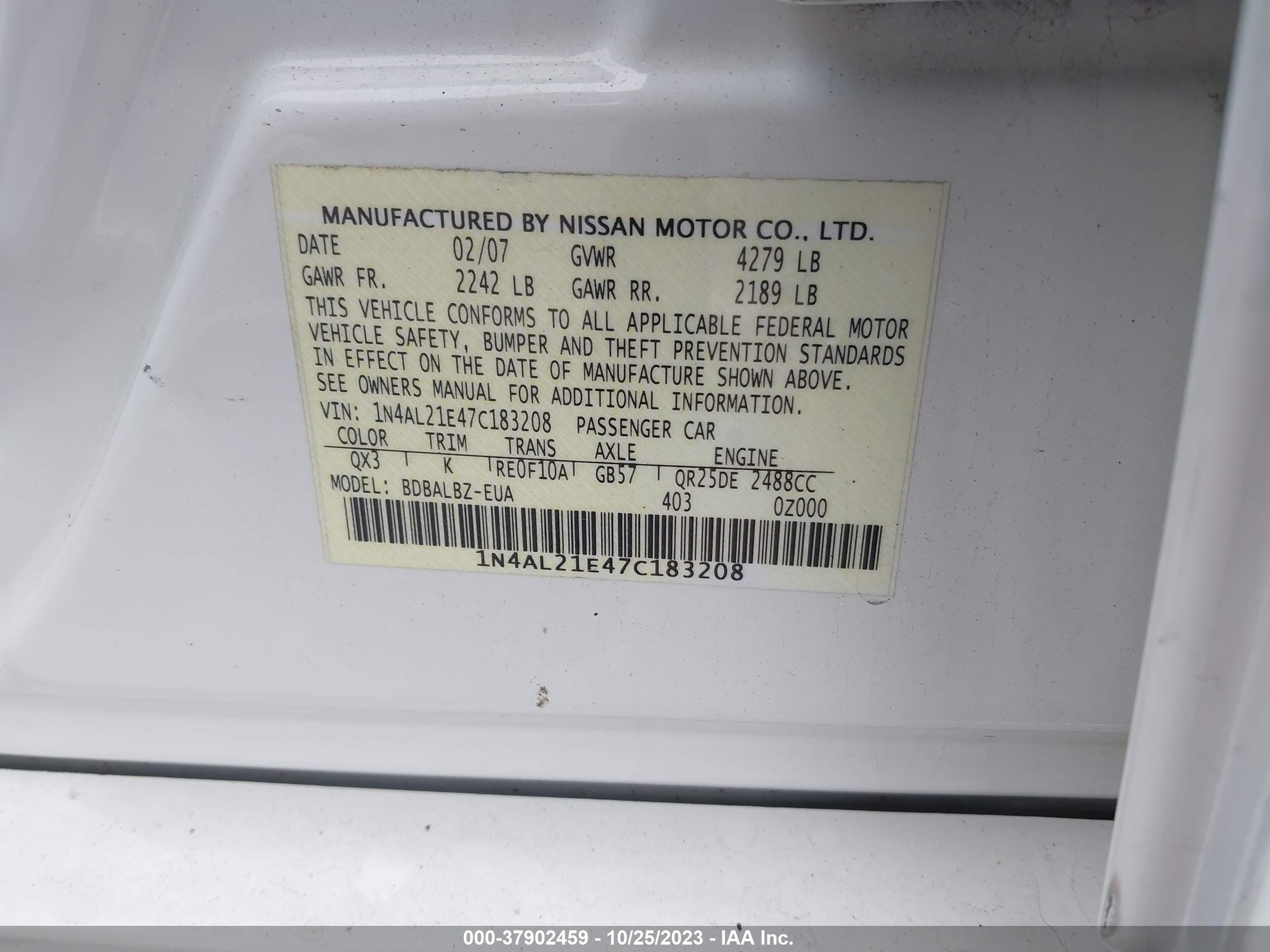 Photo 8 VIN: 1N4AL21E47C183208 - NISSAN ALTIMA 