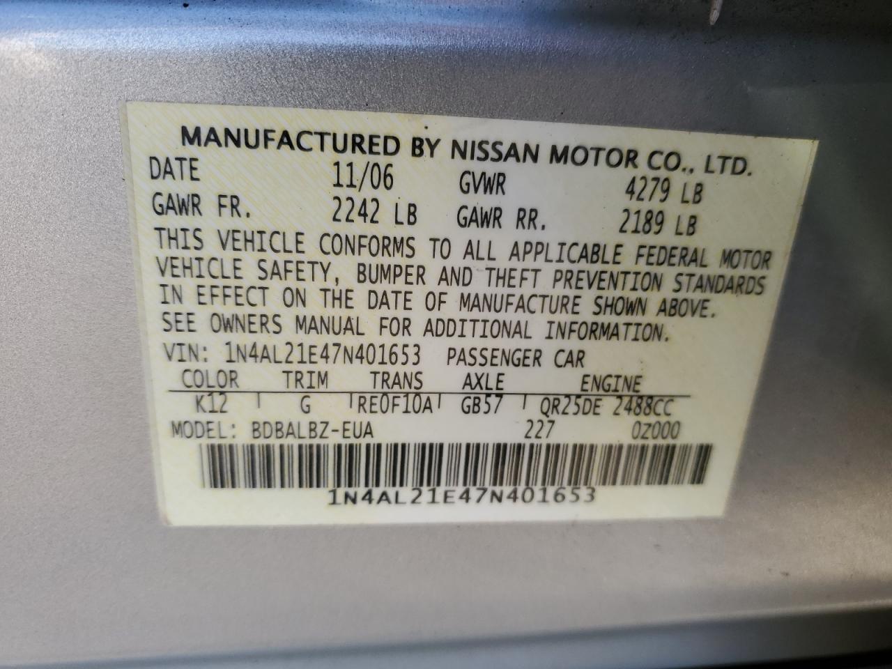 Photo 11 VIN: 1N4AL21E47N401653 - NISSAN ALTIMA 