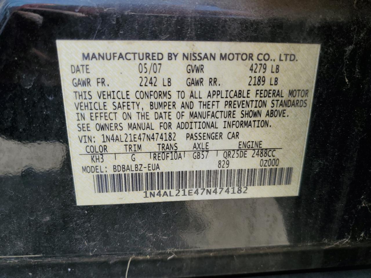 Photo 11 VIN: 1N4AL21E47N474182 - NISSAN ALTIMA 