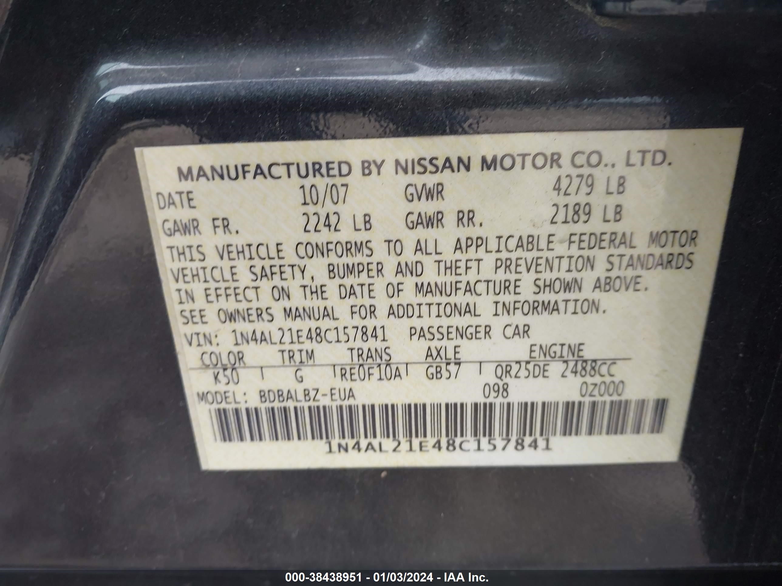 Photo 8 VIN: 1N4AL21E48C157841 - NISSAN ALTIMA 