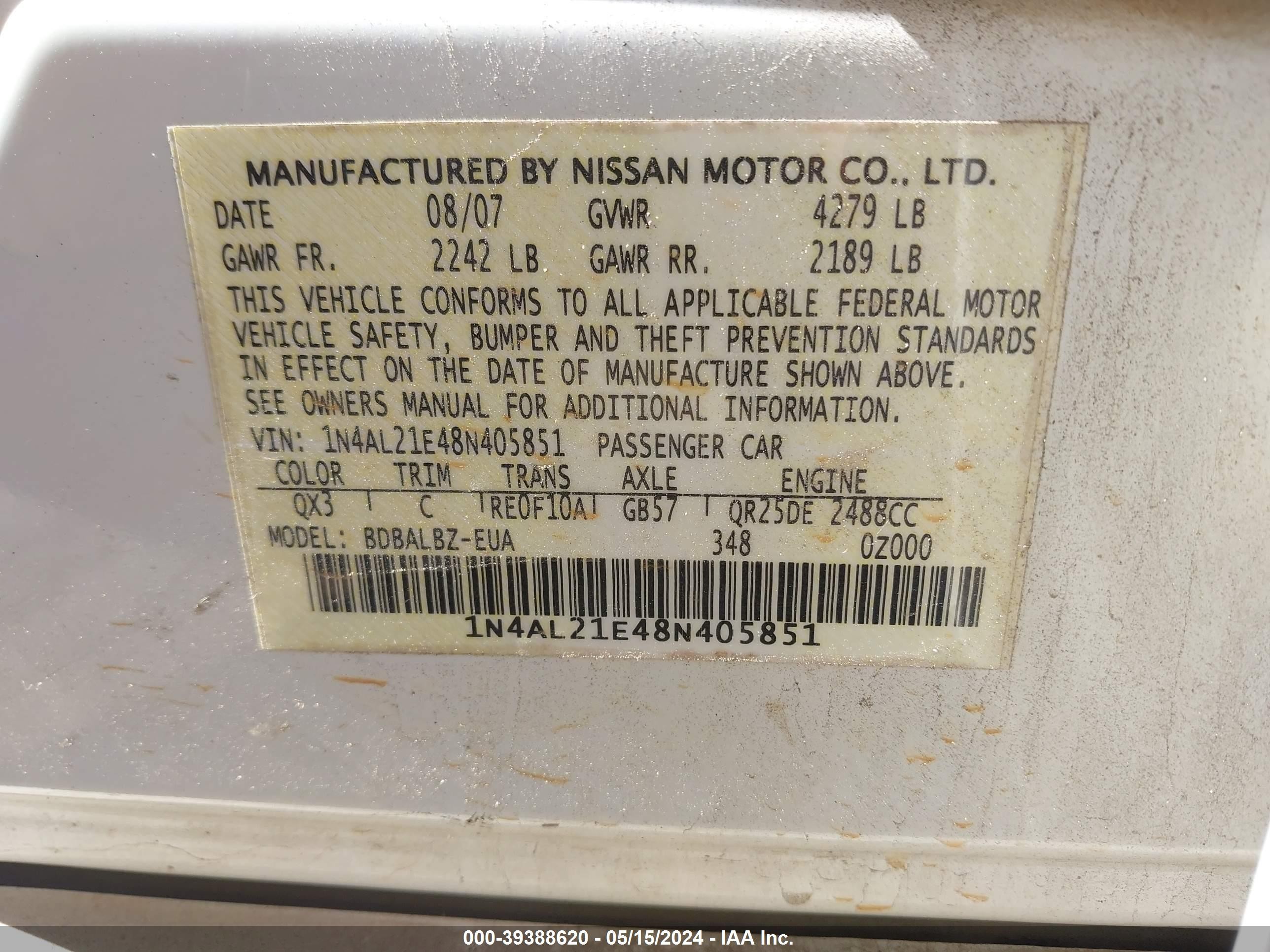 Photo 8 VIN: 1N4AL21E48N405851 - NISSAN ALTIMA 