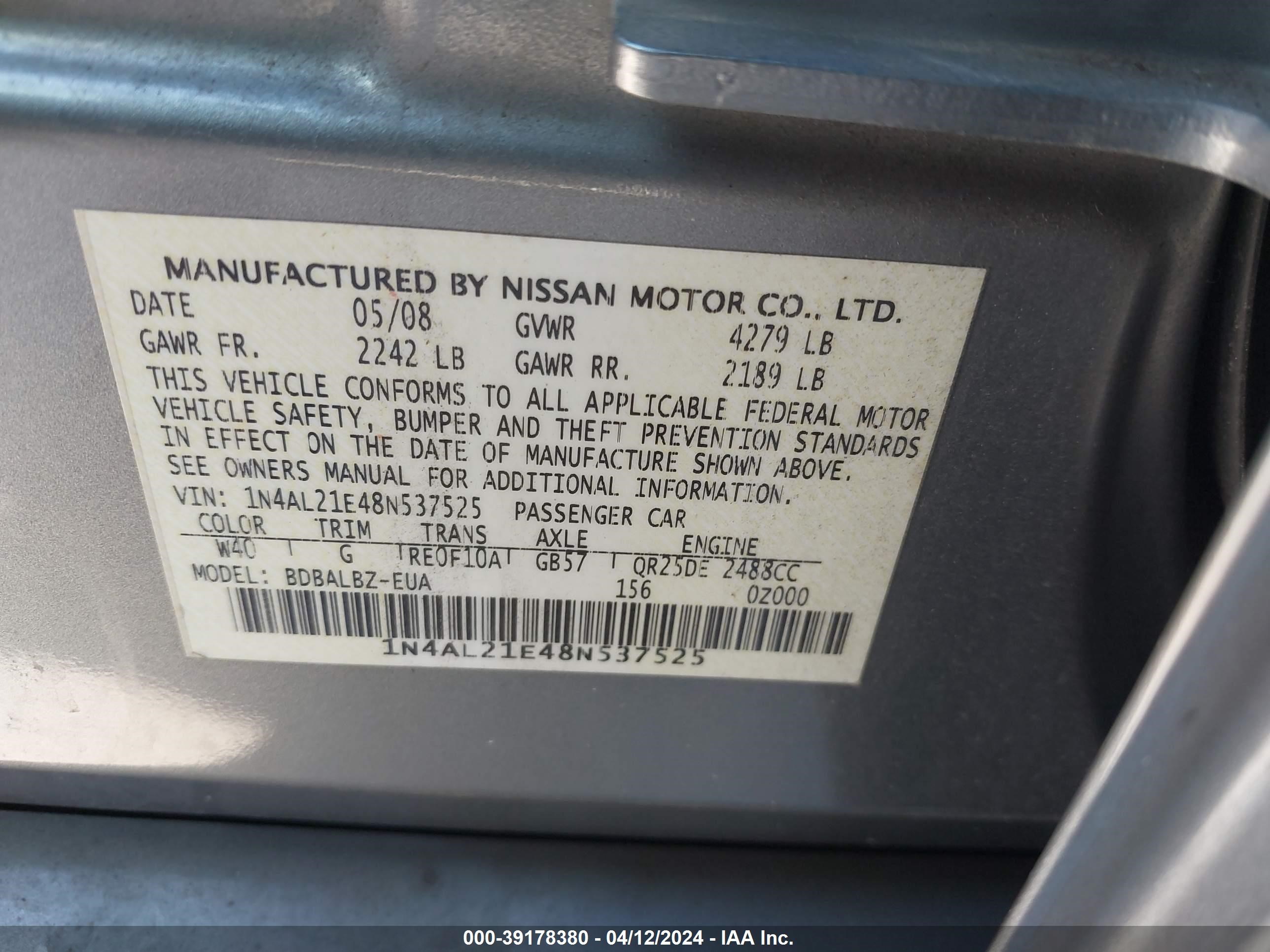 Photo 8 VIN: 1N4AL21E48N537525 - NISSAN ALTIMA 