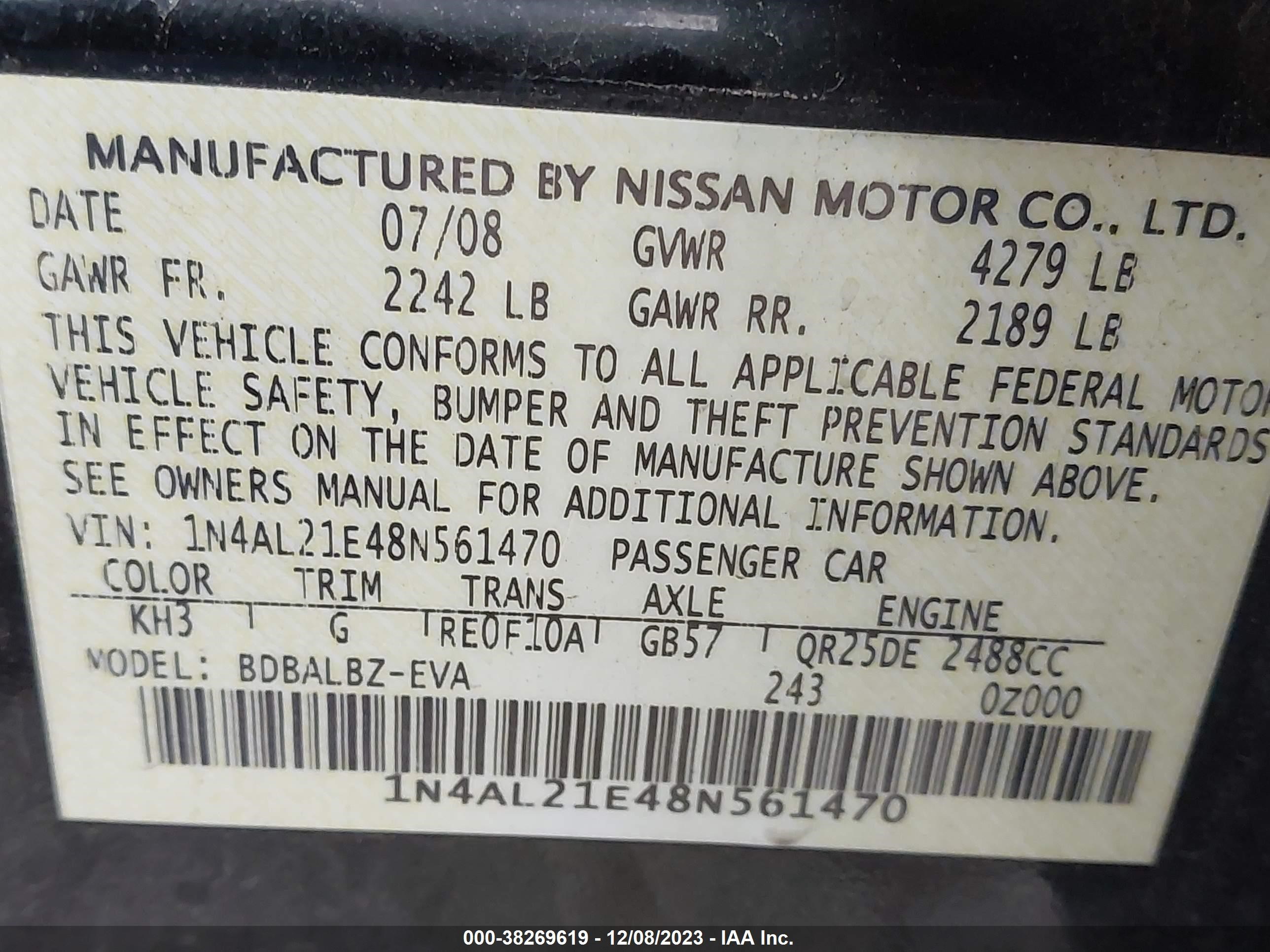 Photo 8 VIN: 1N4AL21E48N561470 - NISSAN ALTIMA 