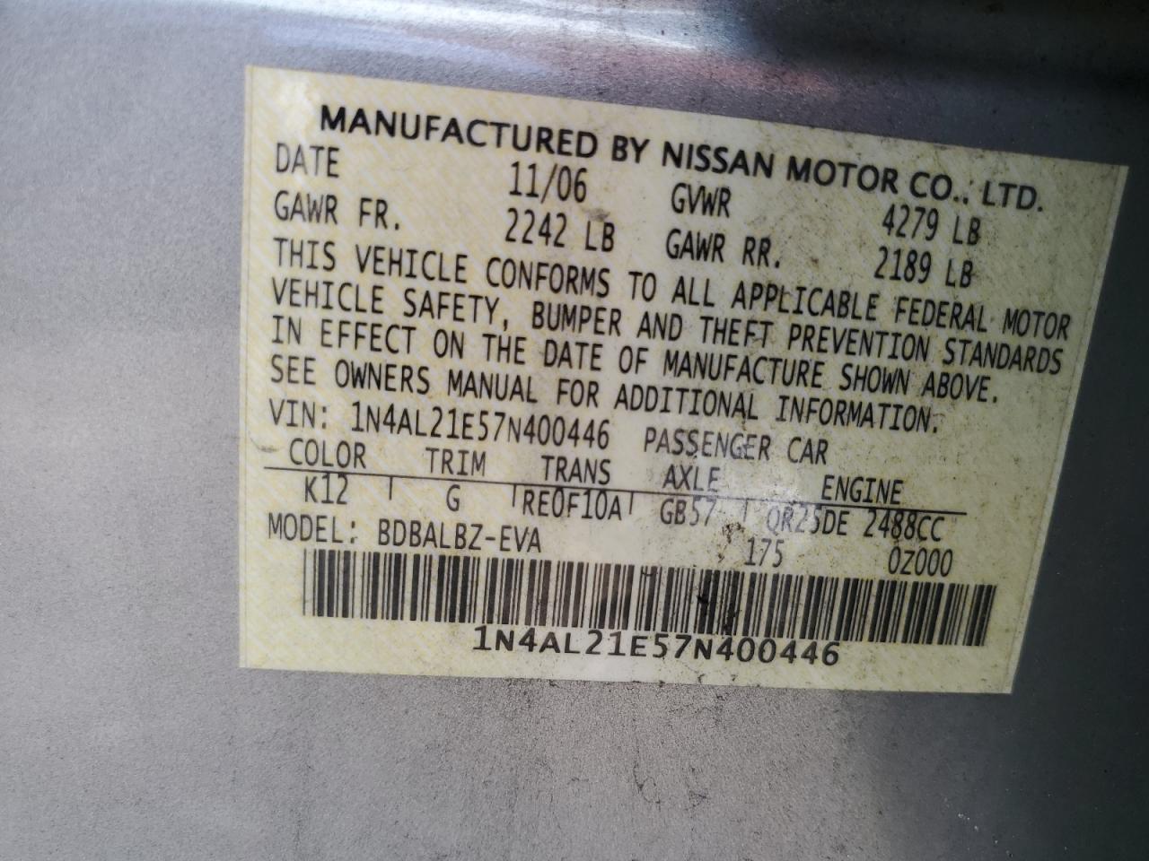 Photo 12 VIN: 1N4AL21E57N400446 - NISSAN ALTIMA 