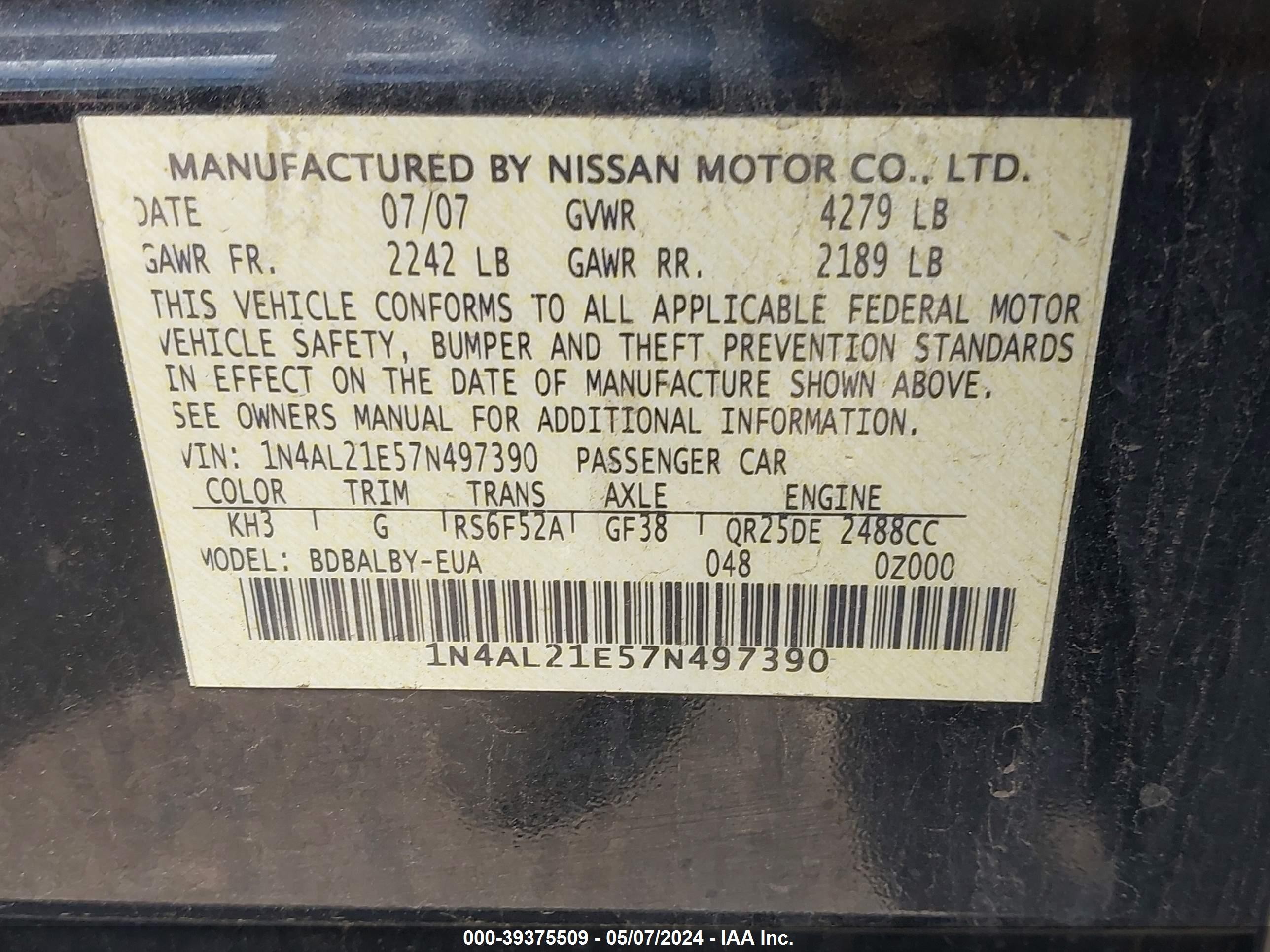 Photo 8 VIN: 1N4AL21E57N497390 - NISSAN ALTIMA 