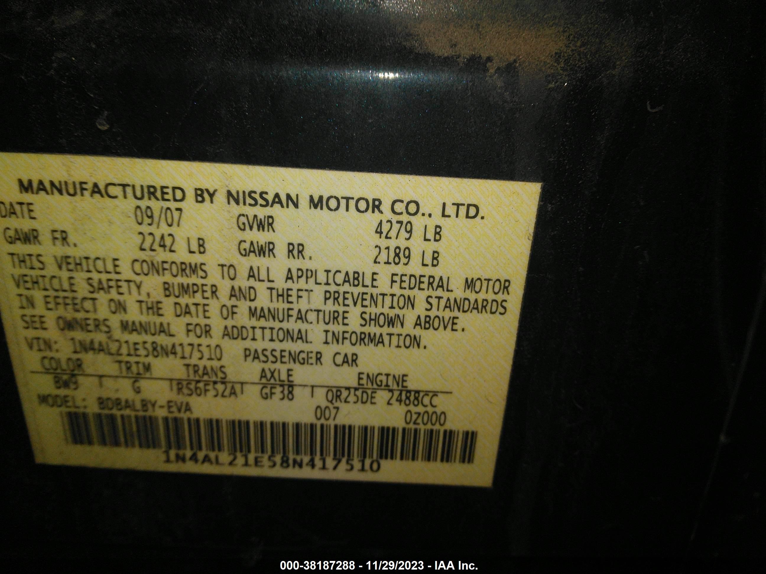 Photo 8 VIN: 1N4AL21E58N417510 - NISSAN ALTIMA 