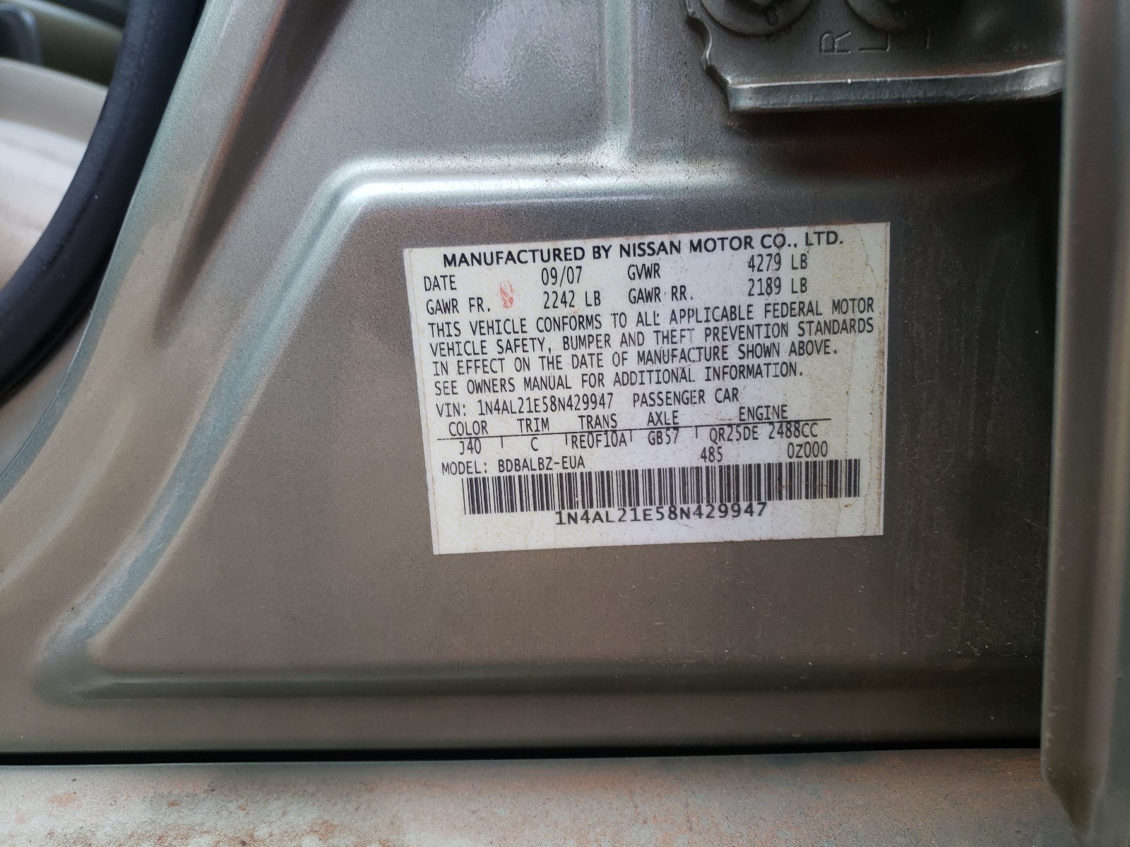 Photo 9 VIN: 1N4AL21E58N429947 - NISSAN ALTIMA S 