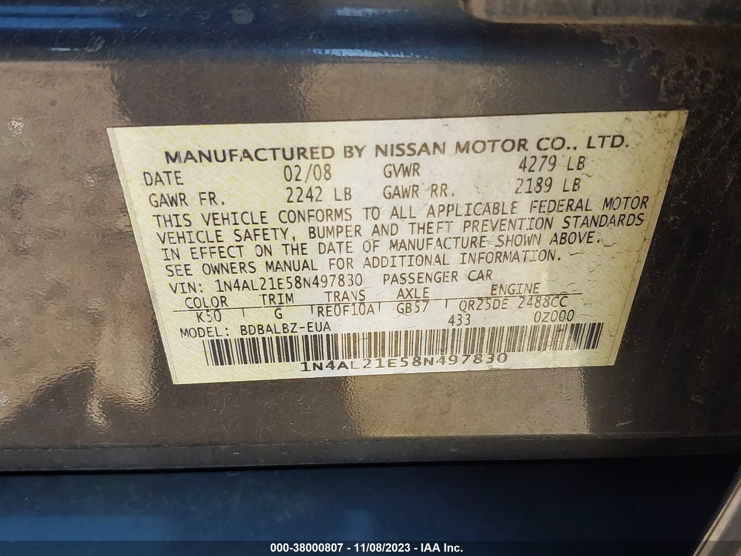 Photo 8 VIN: 1N4AL21E58N497830 - NISSAN ALTIMA 