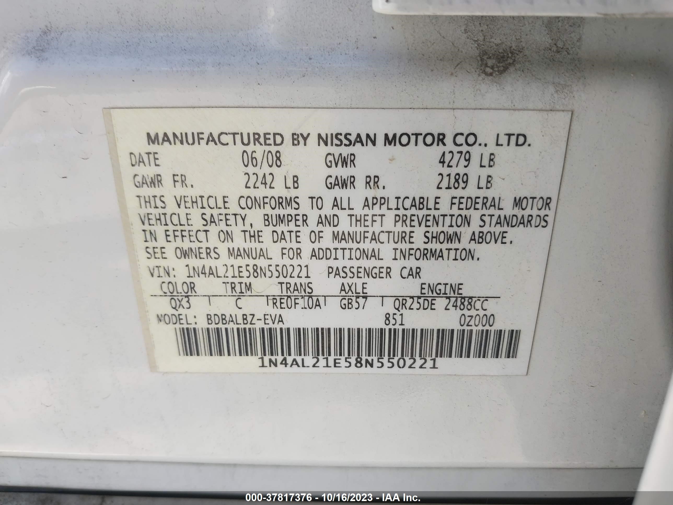 Photo 8 VIN: 1N4AL21E58N550221 - NISSAN ALTIMA 