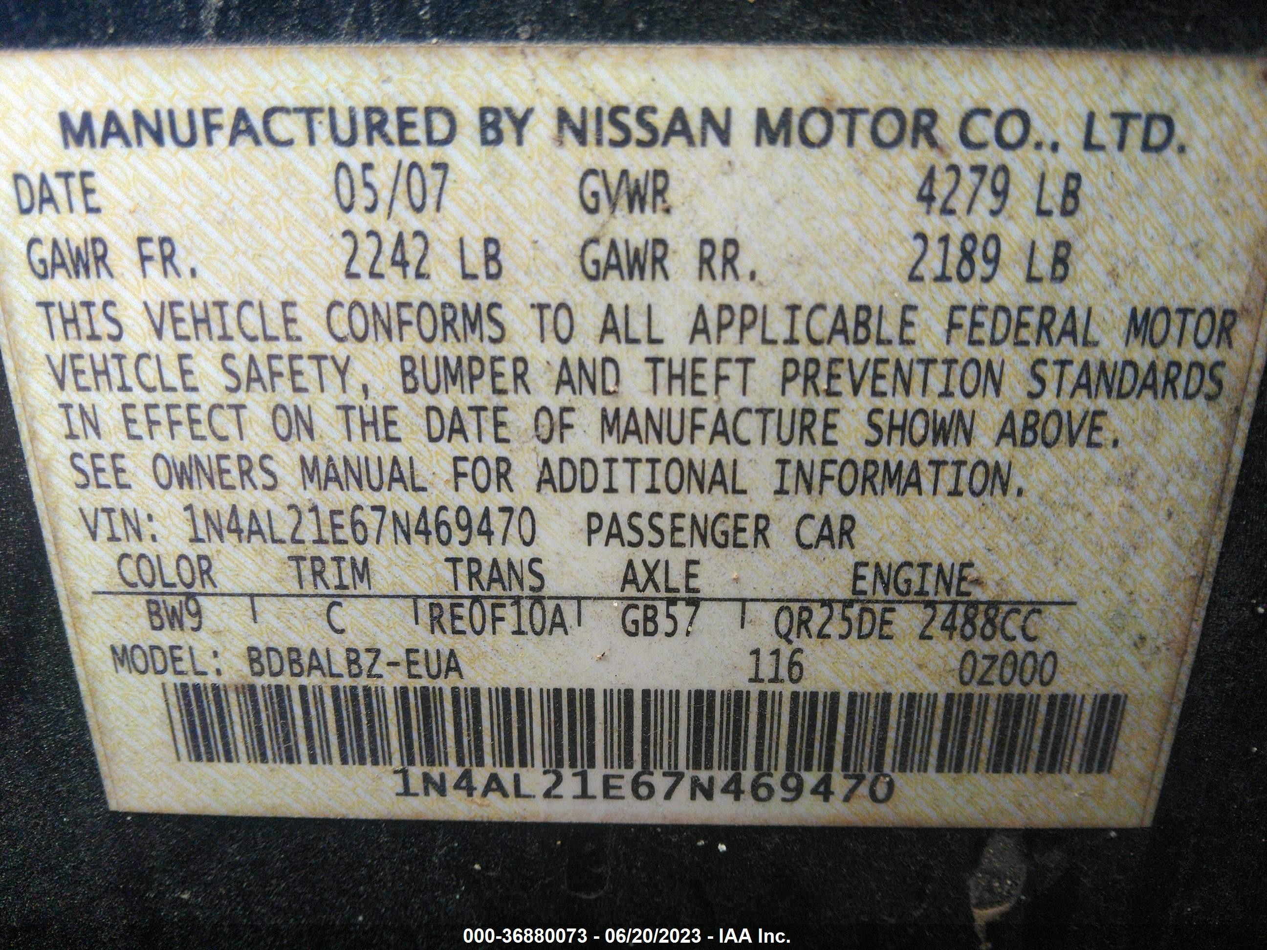 Photo 9 VIN: 1N4AL21E67N469470 - NISSAN ALTIMA 