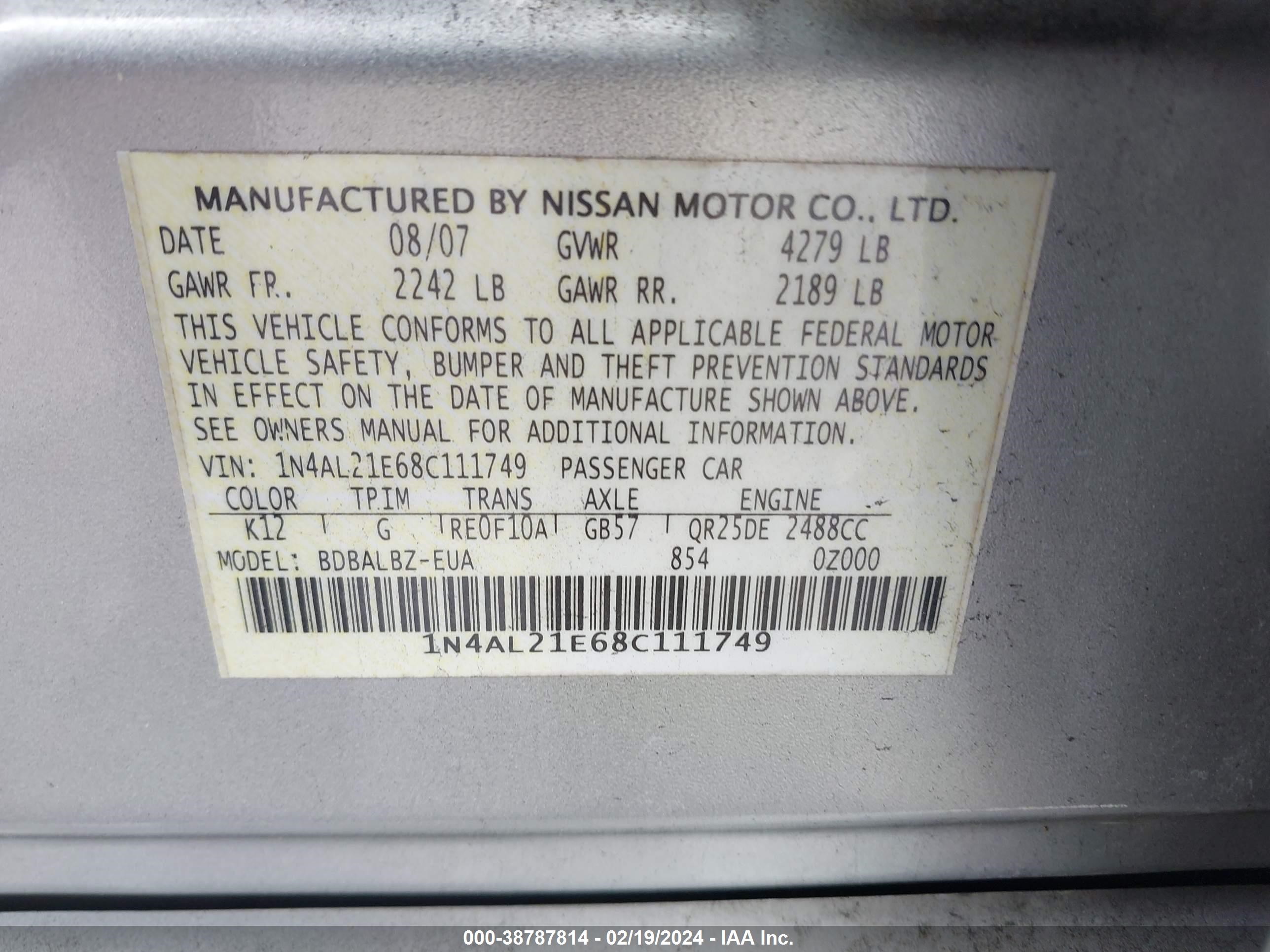 Photo 8 VIN: 1N4AL21E68C111749 - NISSAN ALTIMA 