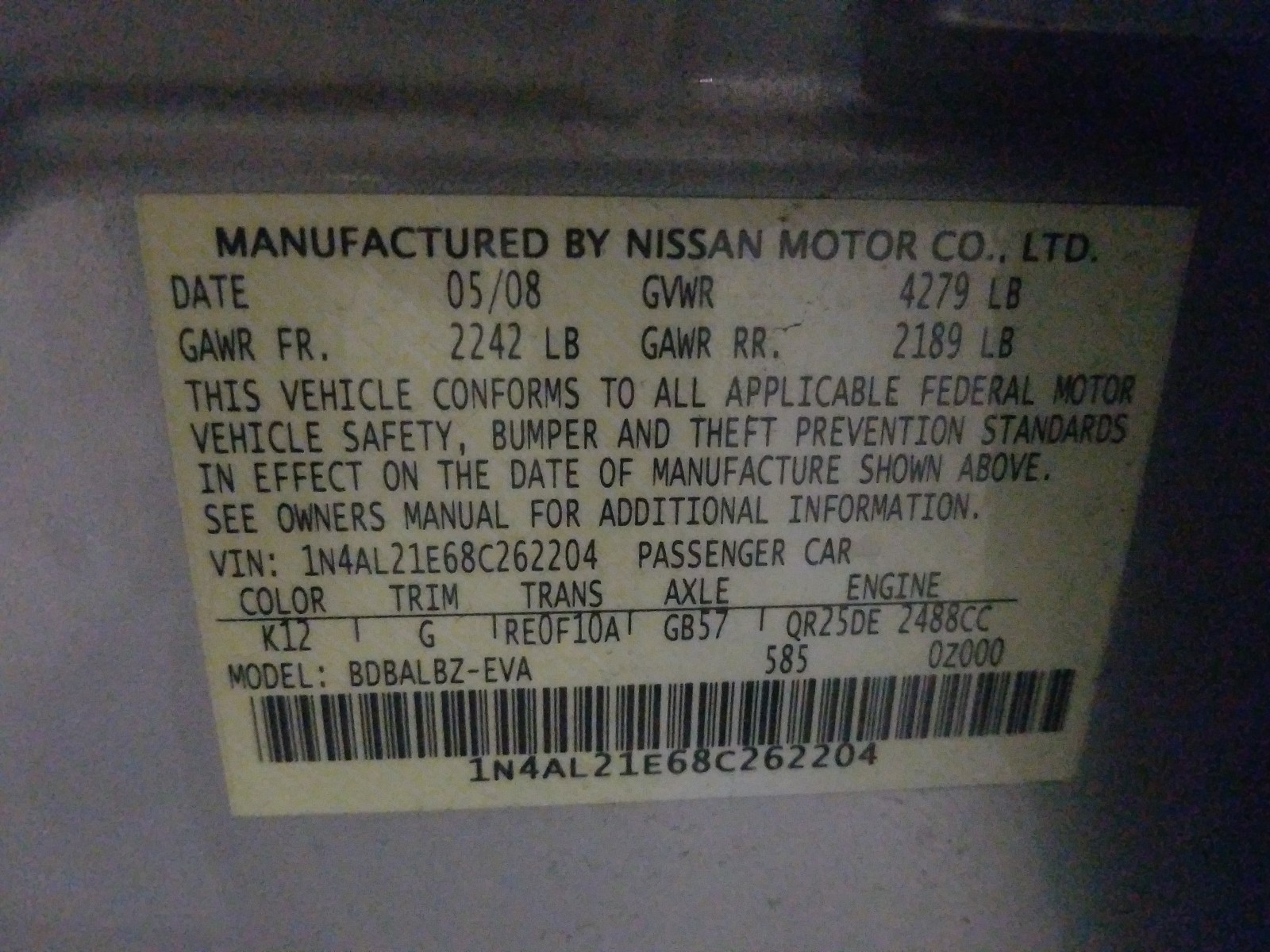 Photo 9 VIN: 1N4AL21E68C262204 - NISSAN ALTIMA 2.5 