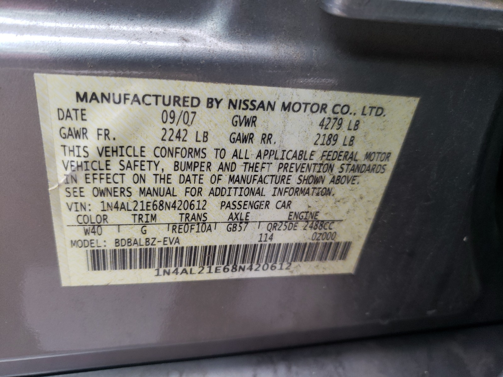 Photo 9 VIN: 1N4AL21E68N420612 - NISSAN ALTIMA 2.5 