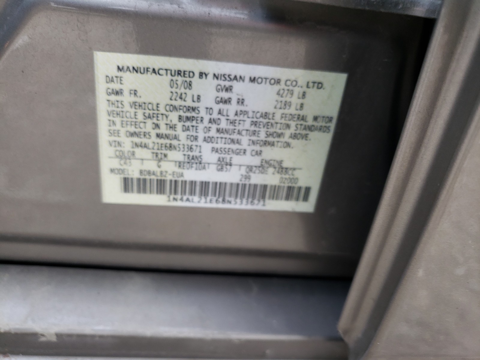 Photo 9 VIN: 1N4AL21E68N533671 - NISSAN ALTIMA 2.5 