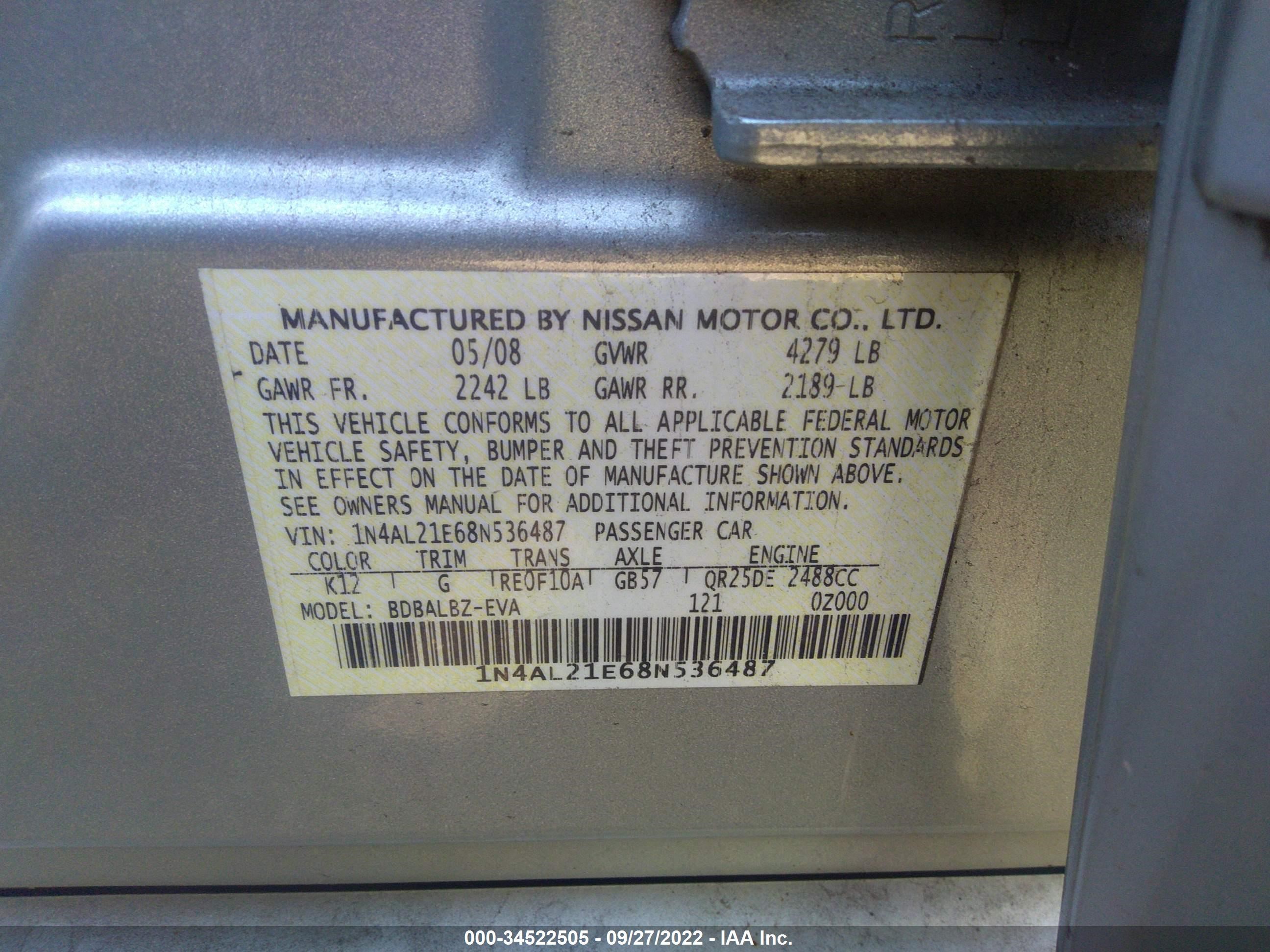 Photo 8 VIN: 1N4AL21E68N536487 - NISSAN ALTIMA 