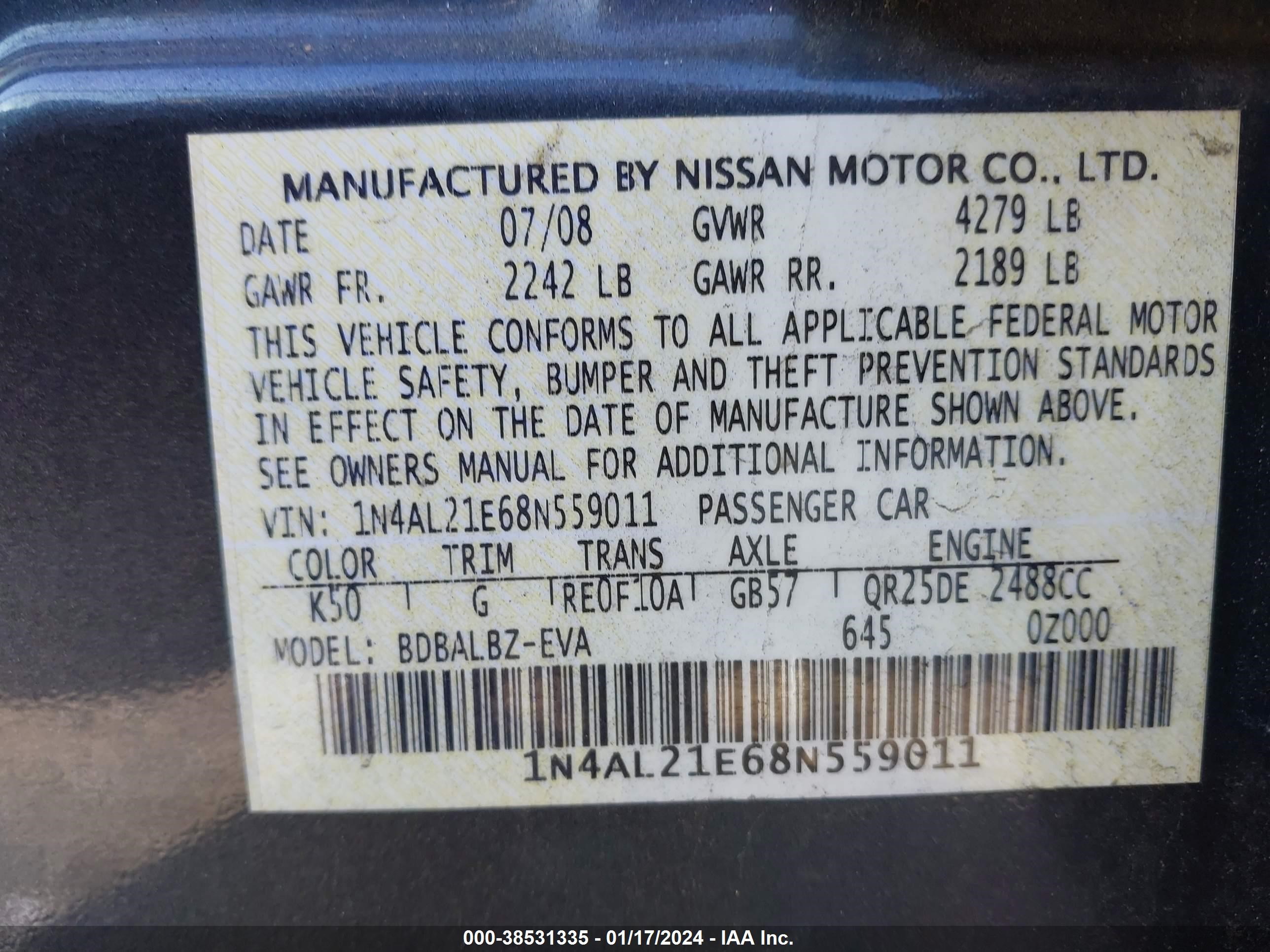 Photo 8 VIN: 1N4AL21E68N559011 - NISSAN ALTIMA 