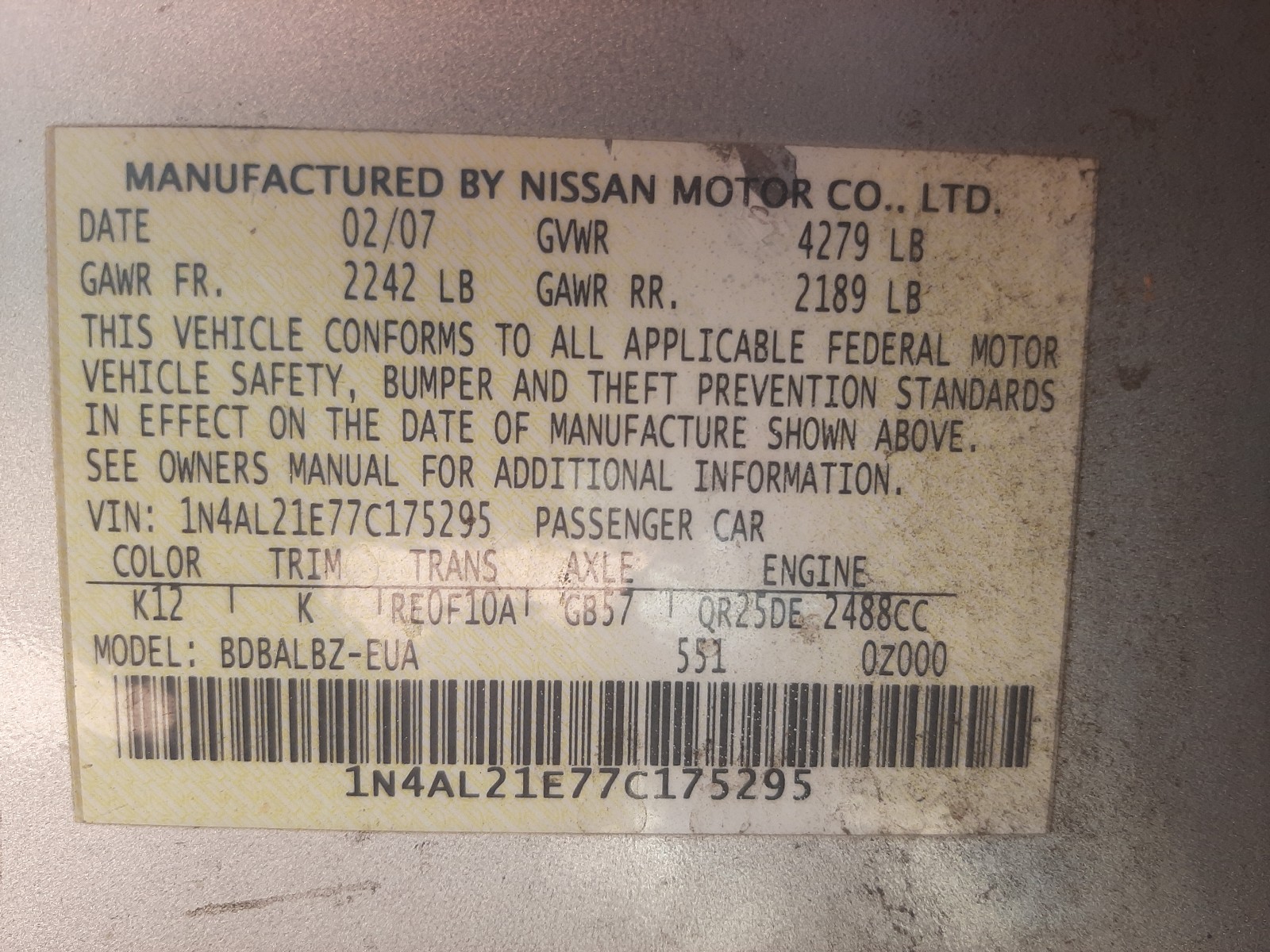 Photo 9 VIN: 1N4AL21E77C175295 - NISSAN ALTIMA 2.5 