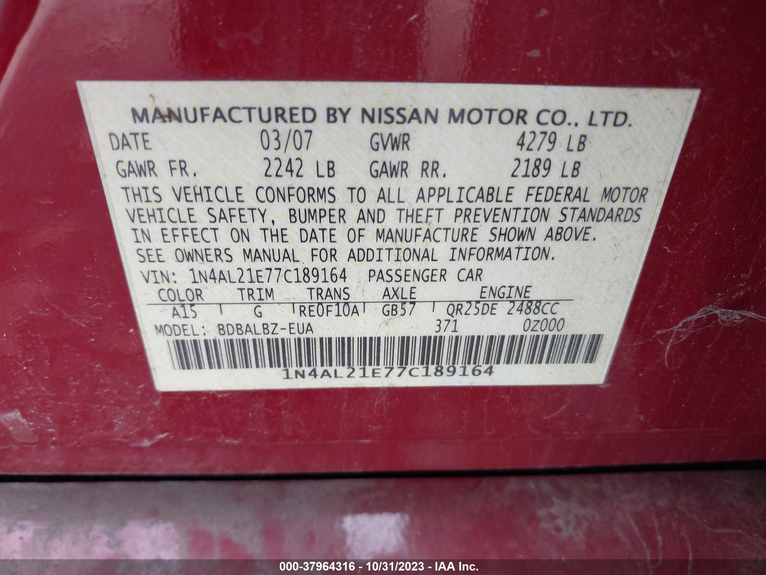 Photo 8 VIN: 1N4AL21E77C189164 - NISSAN ALTIMA 