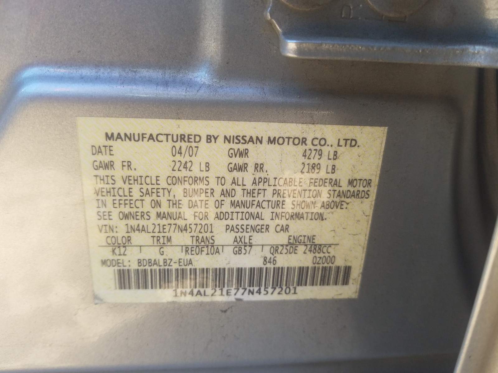 Photo 9 VIN: 1N4AL21E77N457201 - NISSAN ALTIMA 2.5 