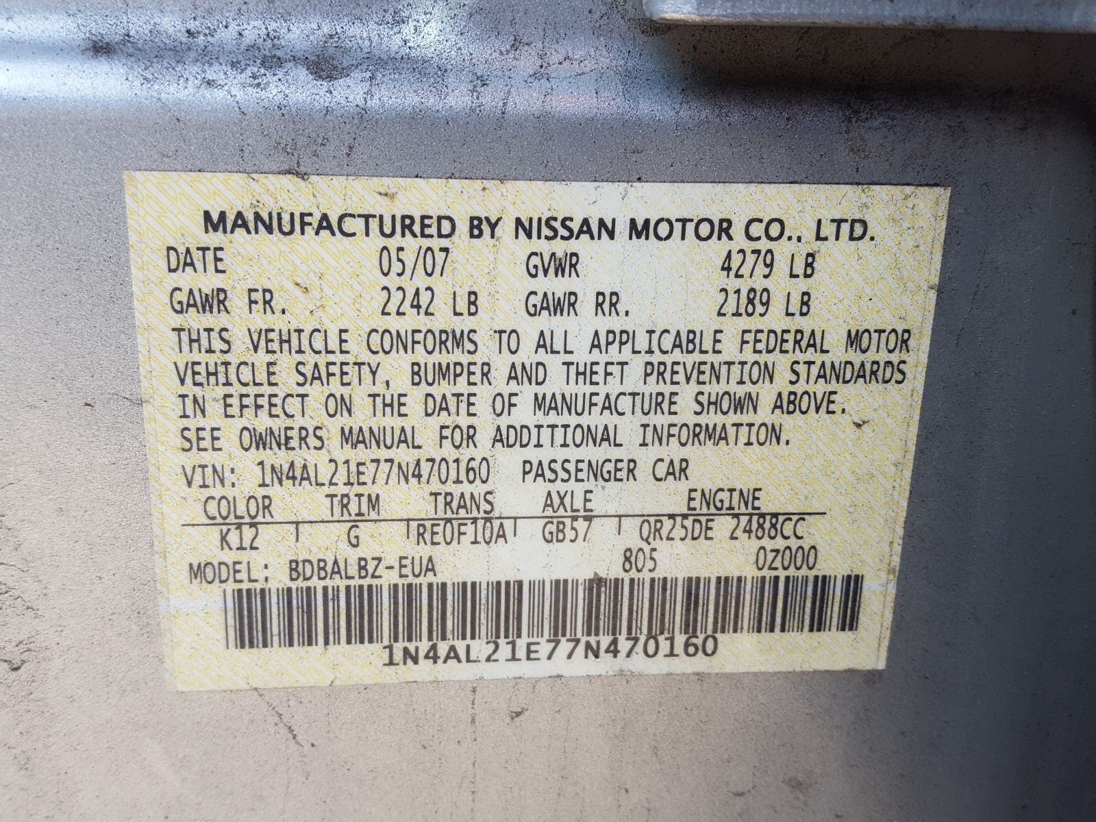 Photo 9 VIN: 1N4AL21E77N470160 - NISSAN ALTIMA 2.5 