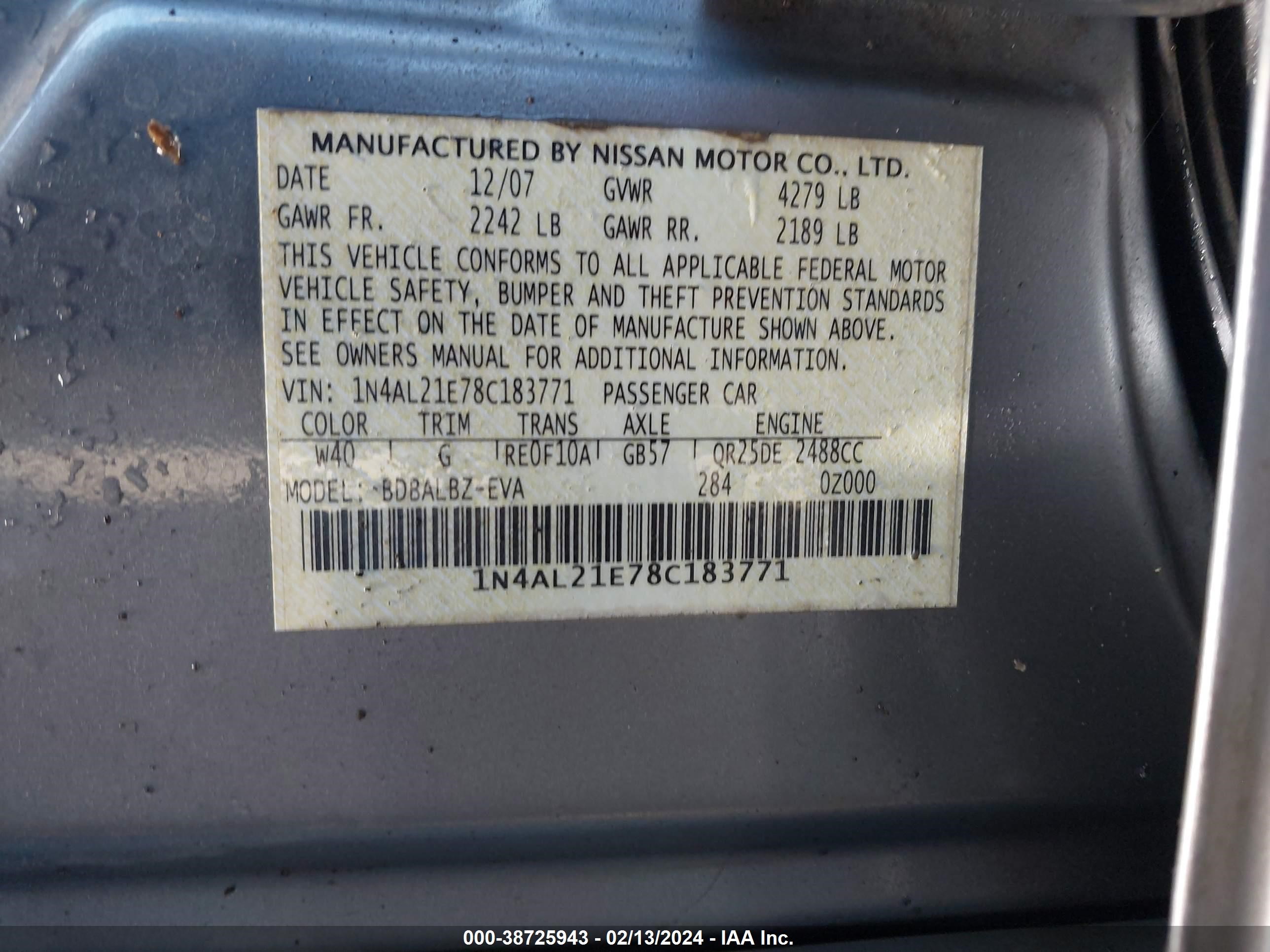 Photo 8 VIN: 1N4AL21E78C183771 - NISSAN ALTIMA 